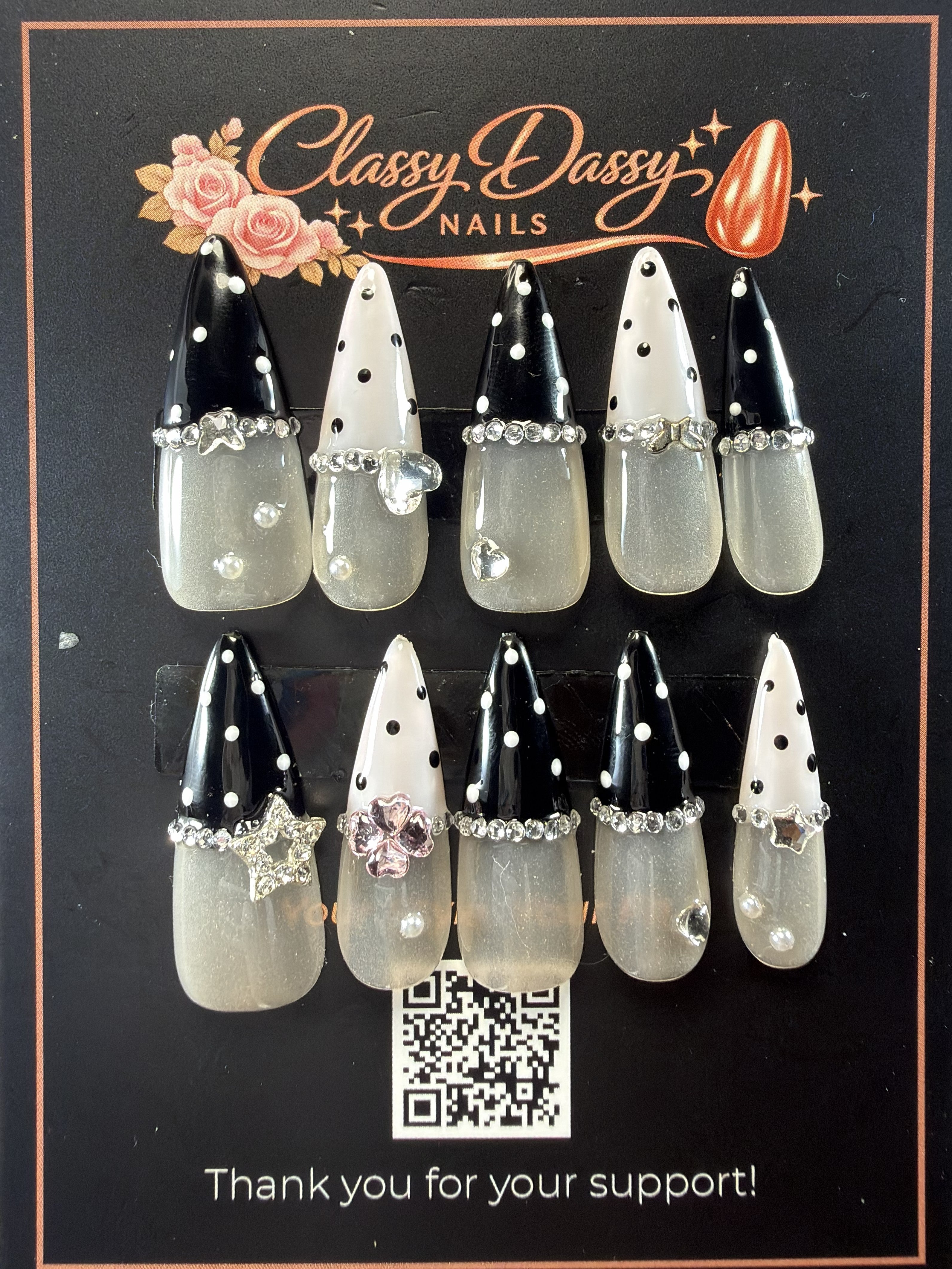 Black White Polka Dot Crystal Gem Stiletto Press-On Nails – Long Length