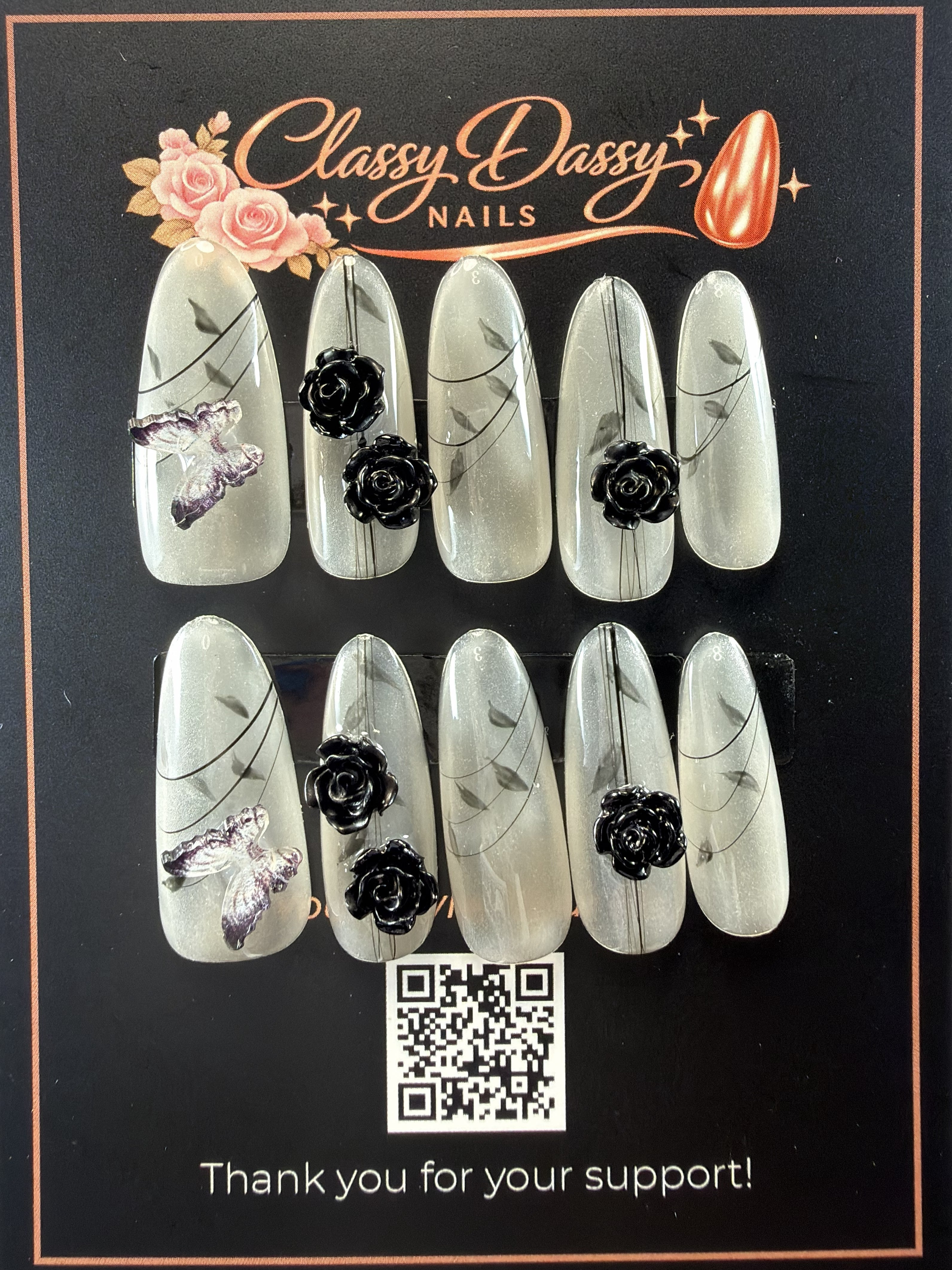Black Rose Silver Butterfly Oval Press-On Nails – Long Length