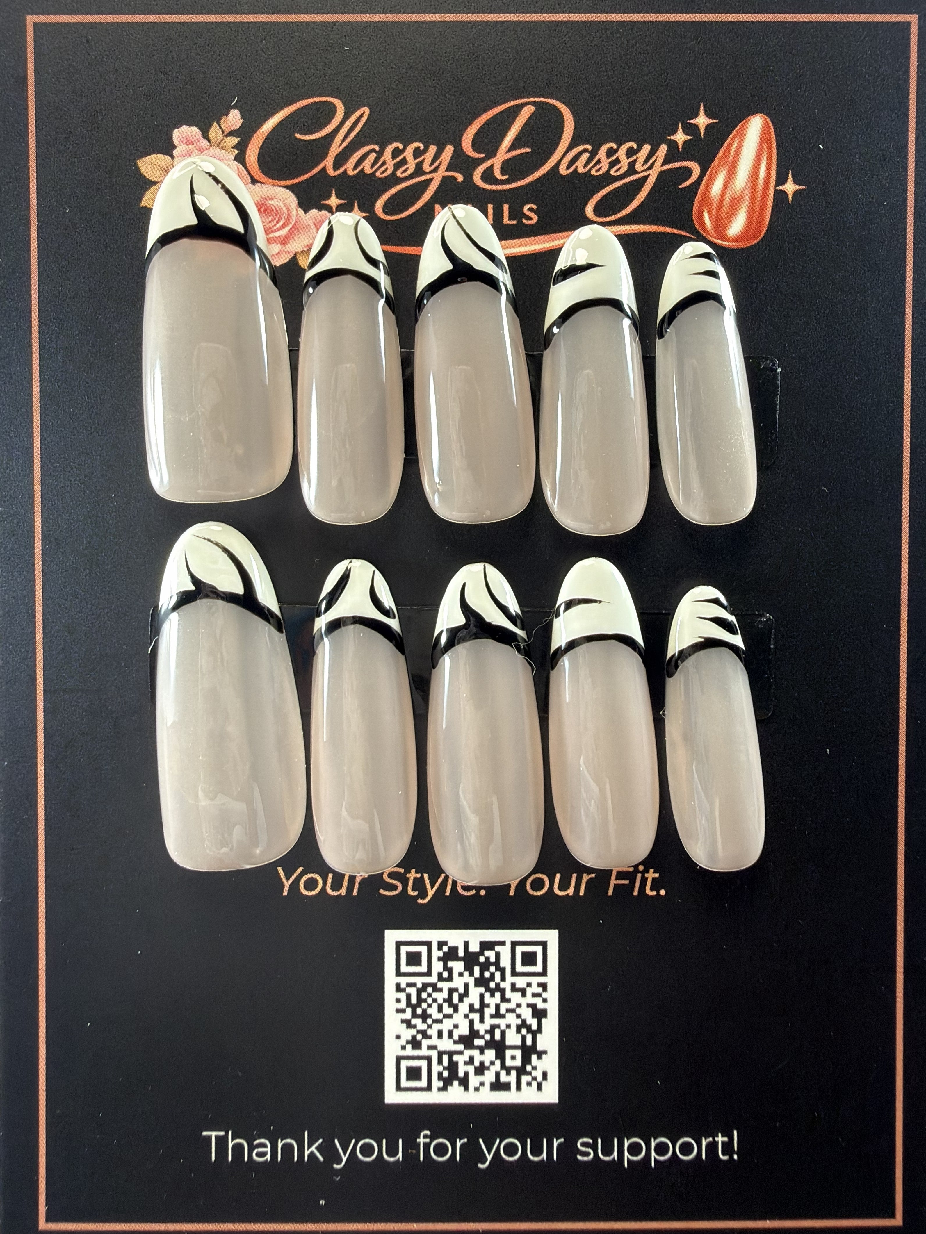 Black Swirl White French Tip Square Press-On Nails – Long Length