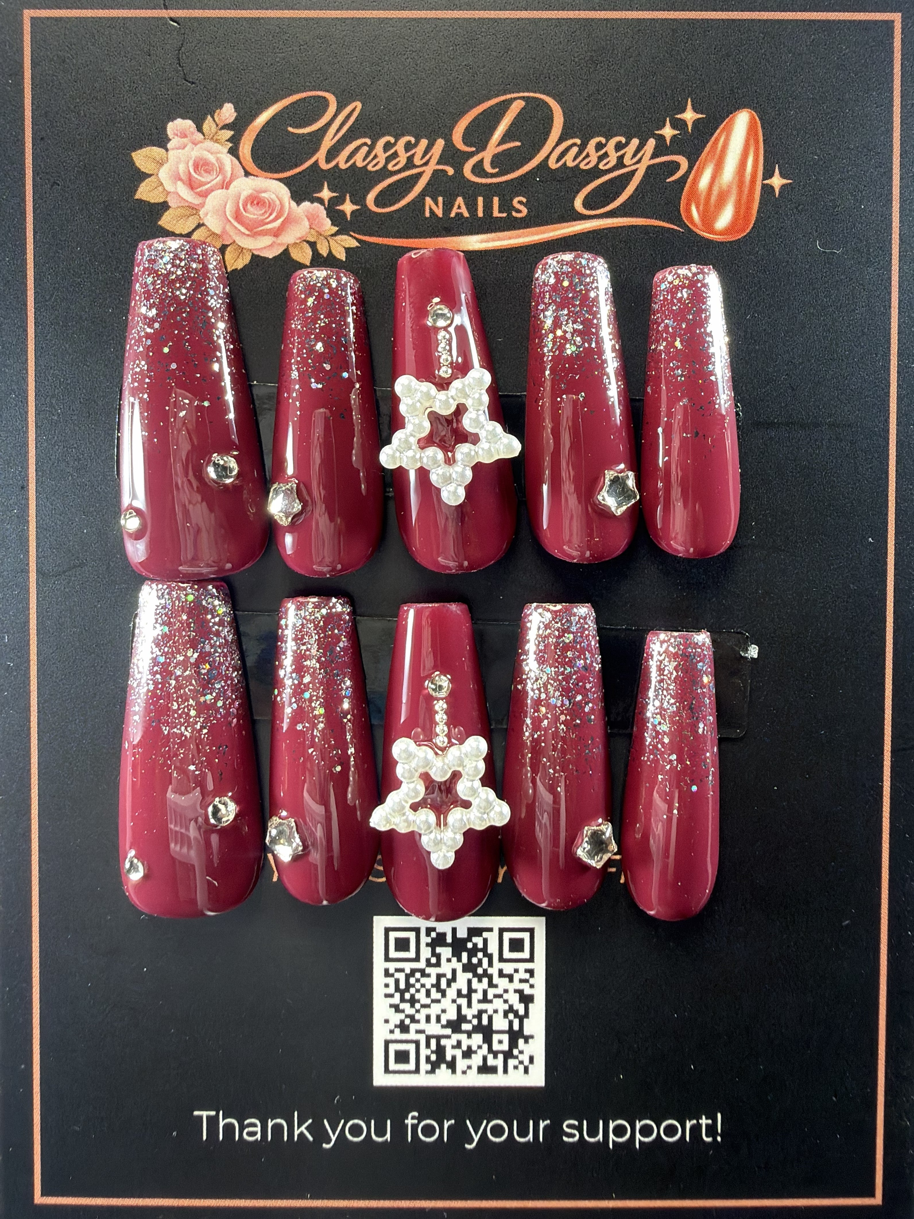 Burgundy Glitter Pearl Star Coffin Press-On Nails – Long Length