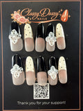 Black White Polka Dot 3D Flower Oval Press-On Nails – Long Length