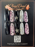 Black Lavender Glitter Star Badge Oval Press-On Nails – Long Length