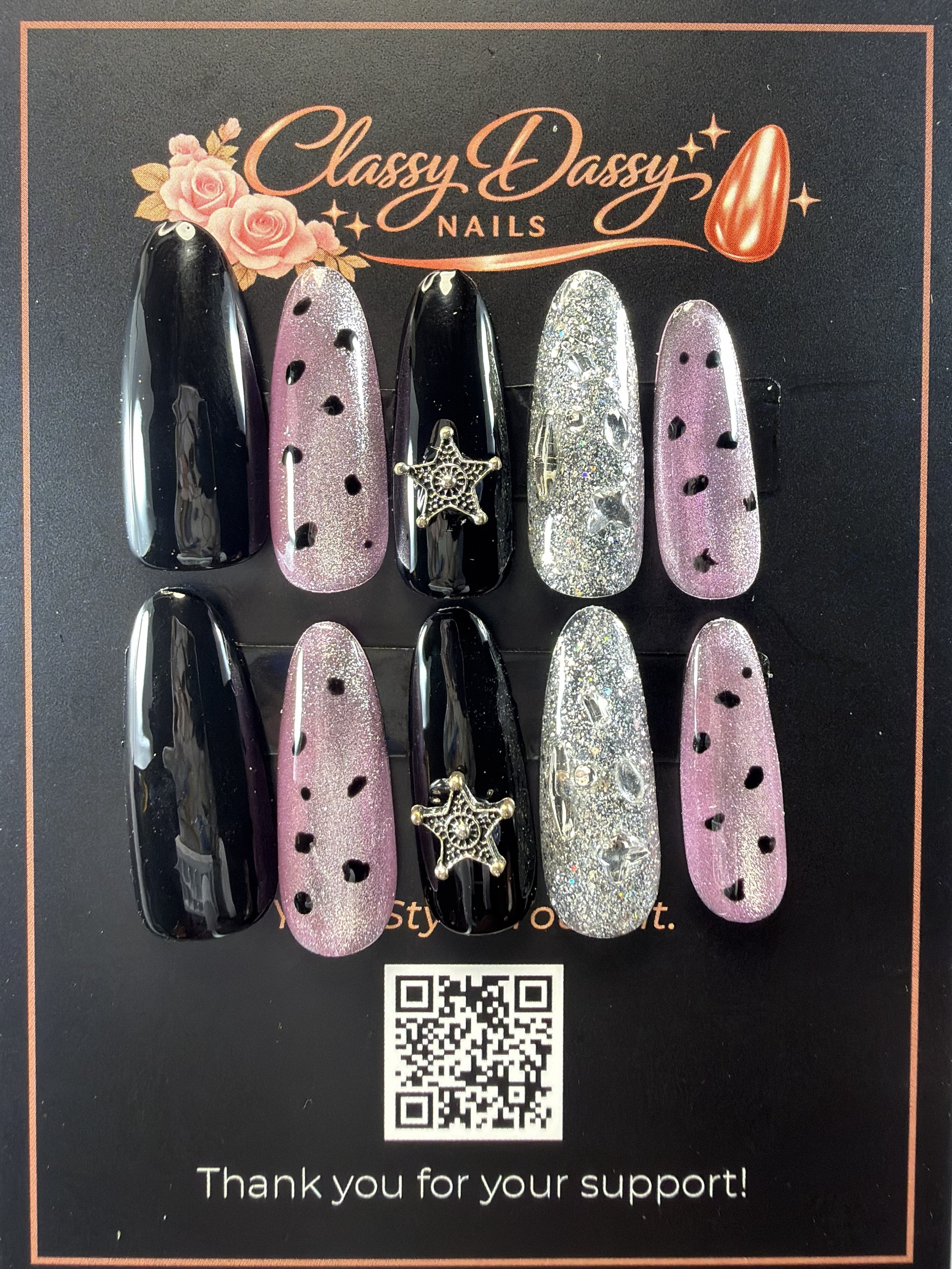 Black Lavender Glitter Star Badge Oval Press-On Nails – Long Length