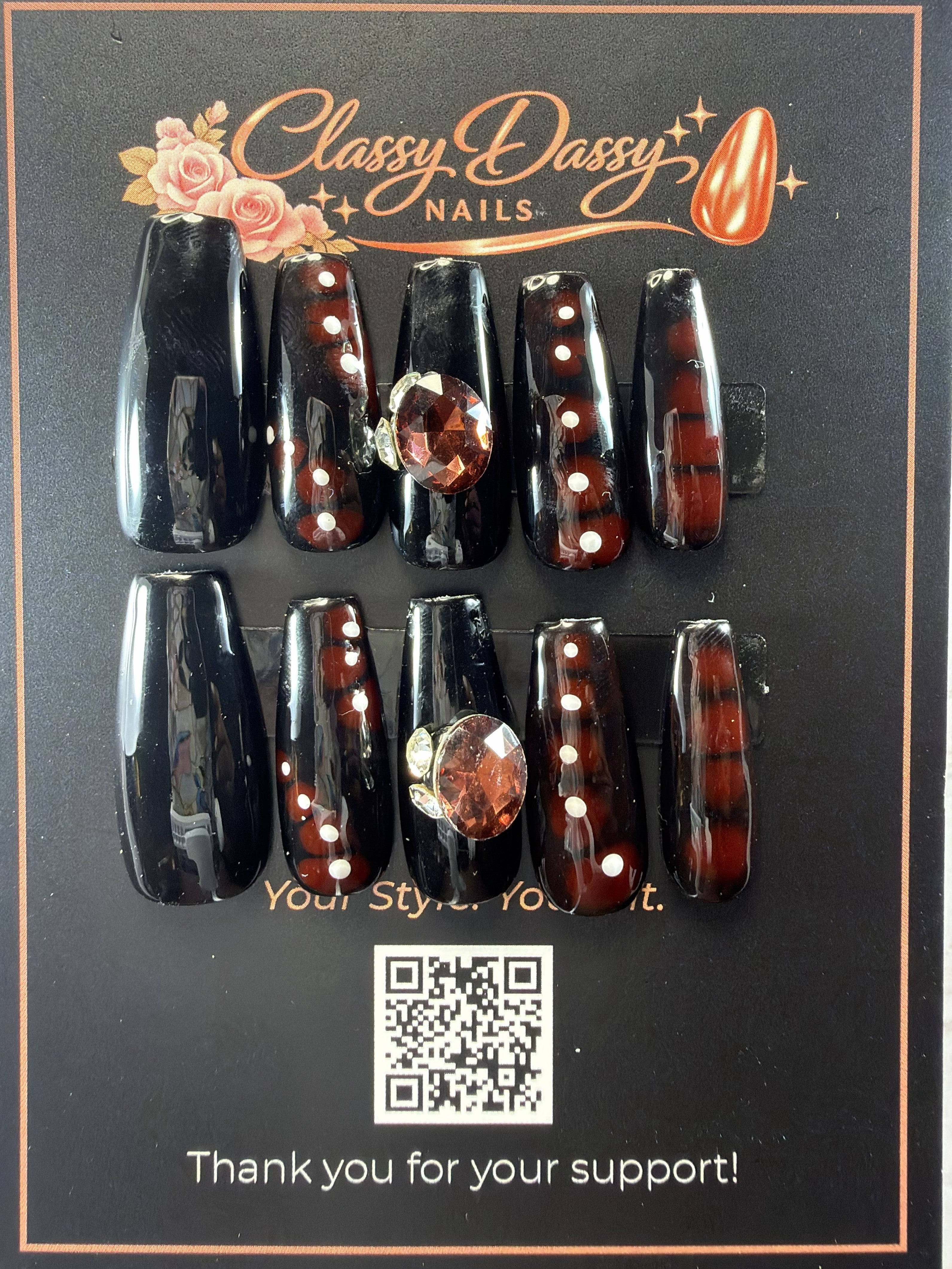 Tortoiseshell Pearl Dot Amber Gem Coffin Press-On Nails – Long Length