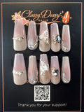 Mauve Shimmer Silver Butterfly Crystal Coffin Press-On Nails – Long Length
