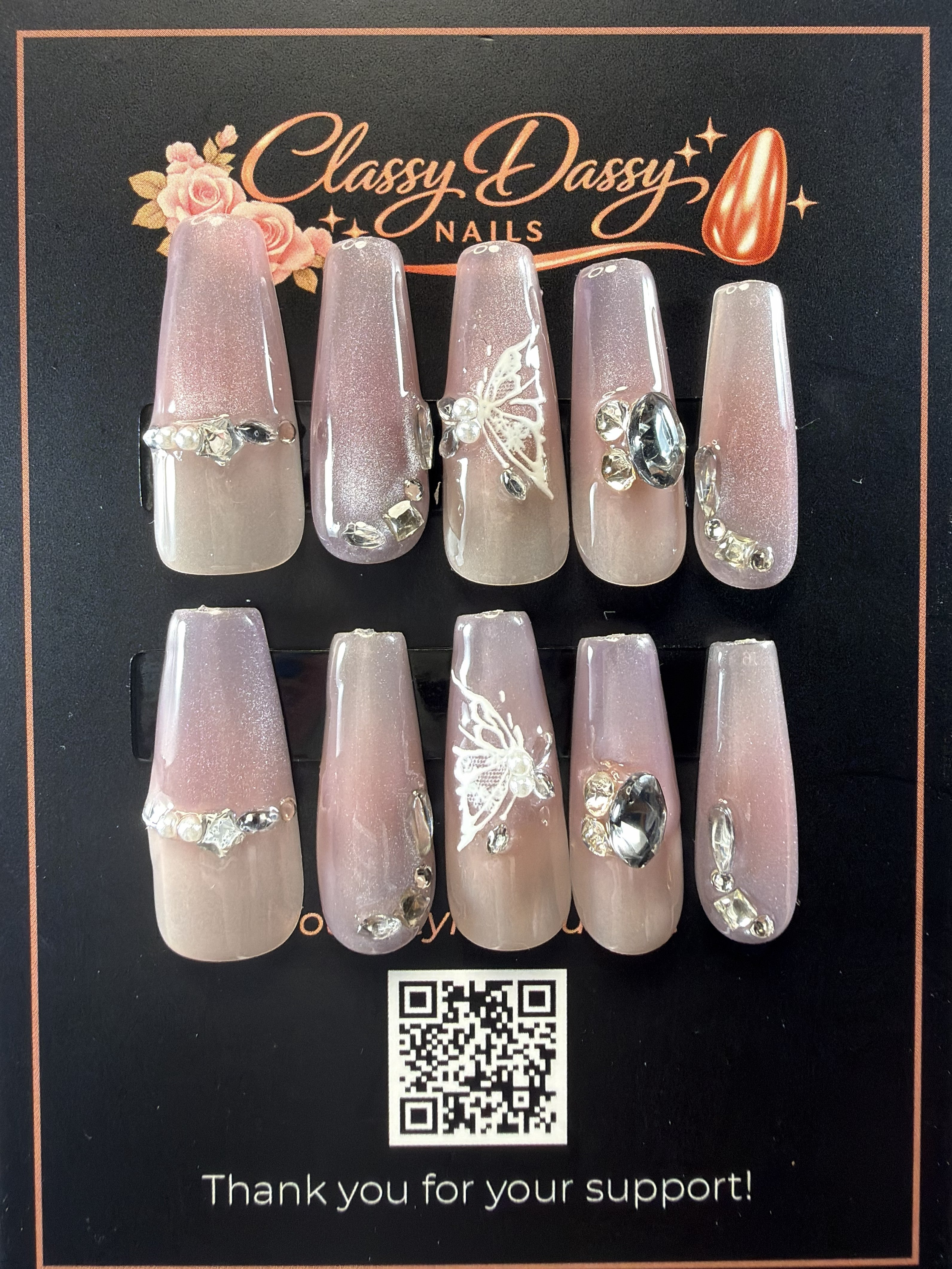 Mauve Shimmer Silver Butterfly Crystal Coffin Press-On Nails – Long Length