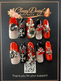 Red Black Gothic Cross Crystal Gem Oval Press-On Nails – Long Length