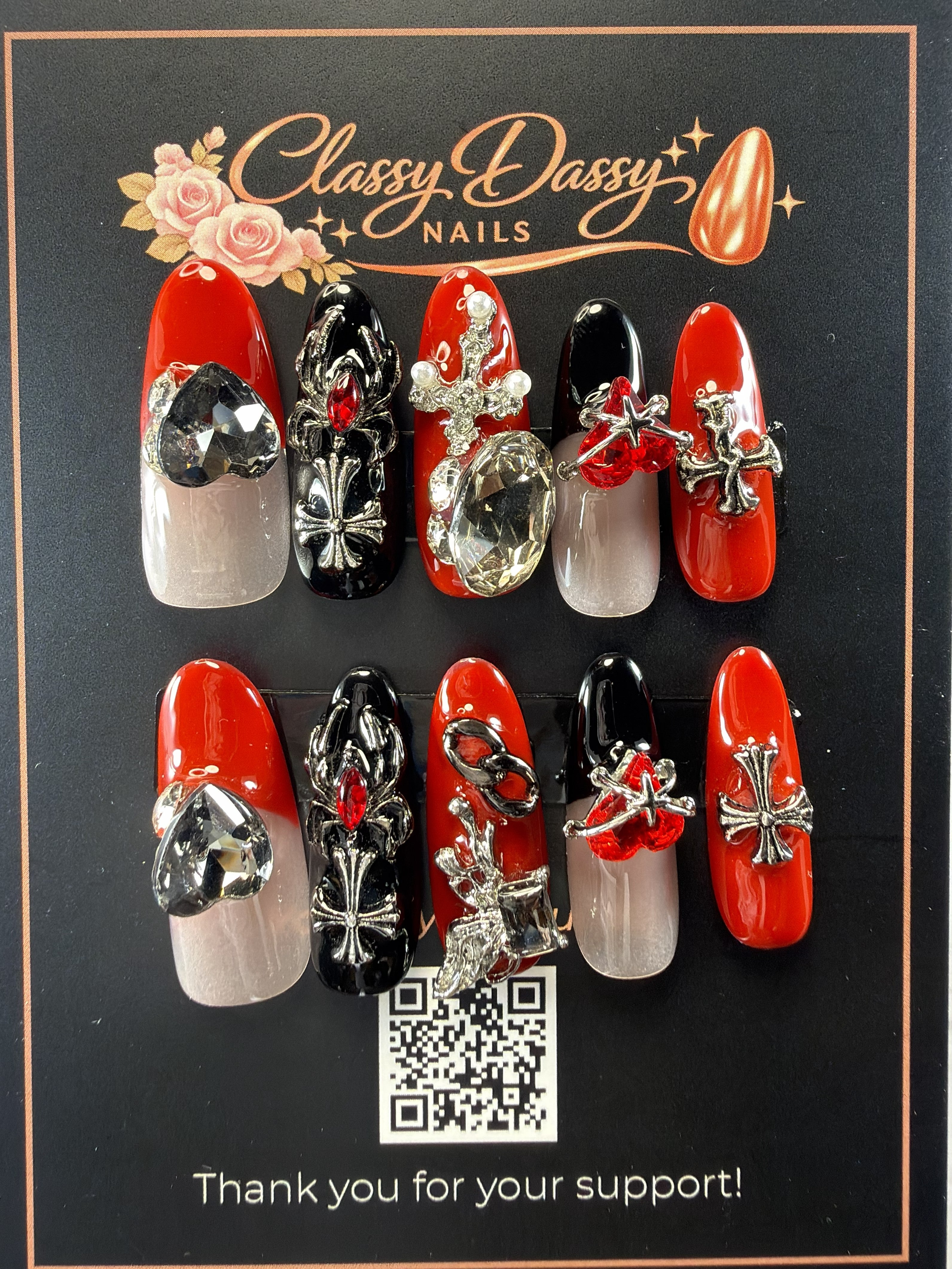 Red Black Gothic Cross Crystal Gem Oval Press-On Nails – Long Length