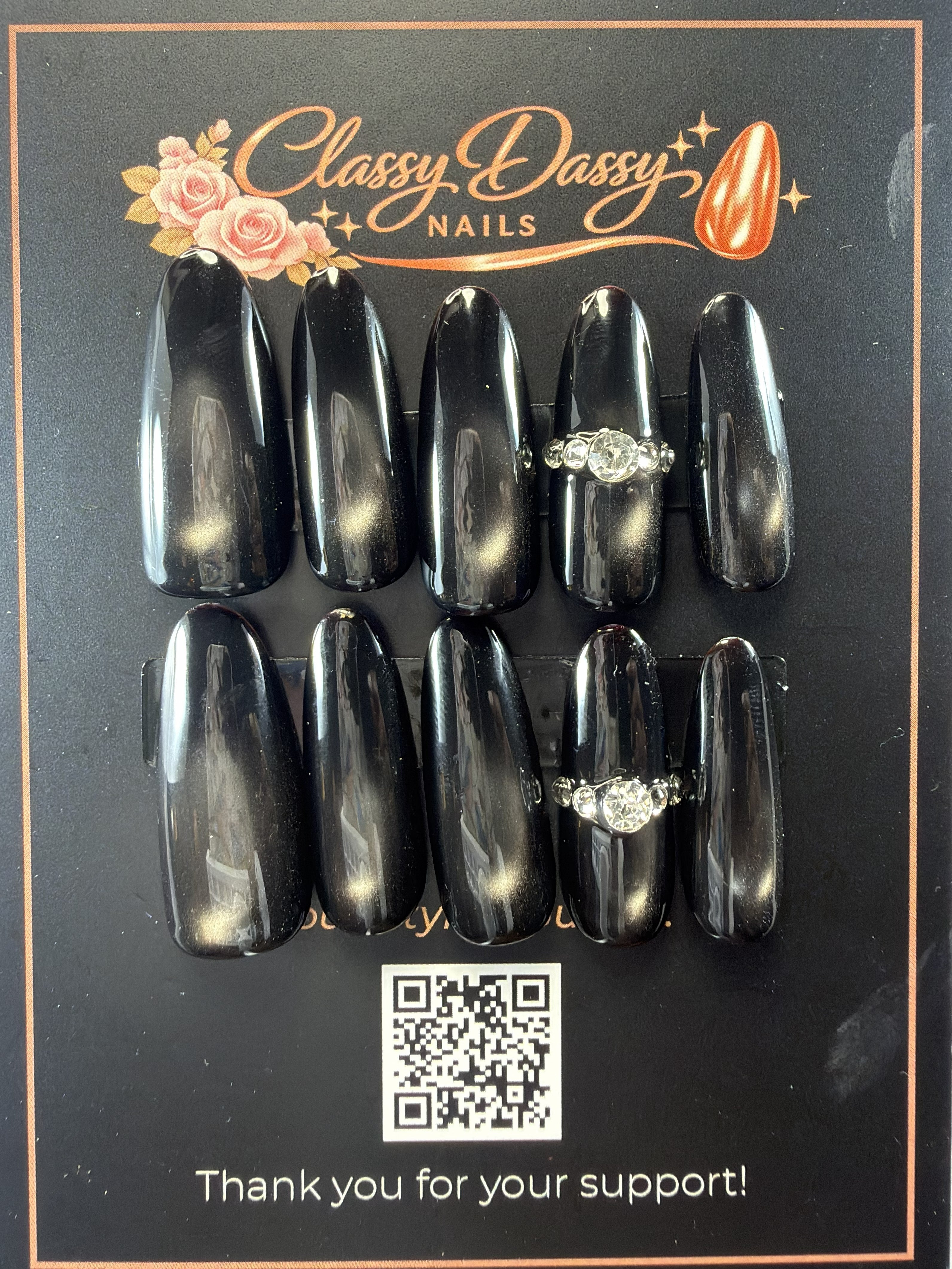 Glossy Black Diamond Ring Charm Oval Press-On Nails – Long Length