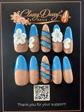 Blue French Tip 3D Flower Silver Bead Spiral Oval Press-On Nails – Long Length