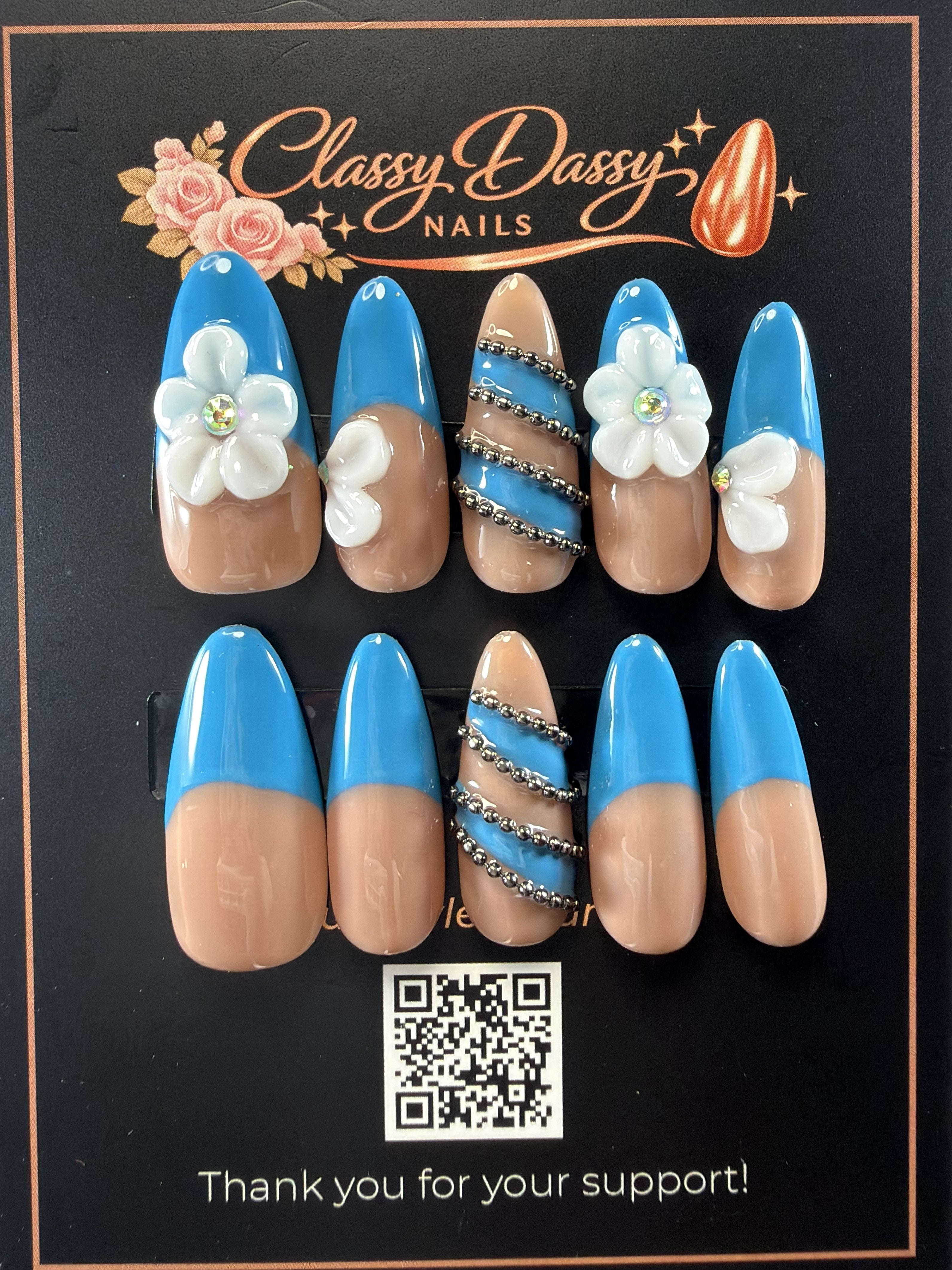 Blue French Tip 3D Flower Silver Bead Spiral Oval Press-On Nails – Long Length