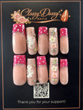 Hot Pink Polka Dot Glitter 3D Flower Butterfly Coffin Press-On Nails – Long Length