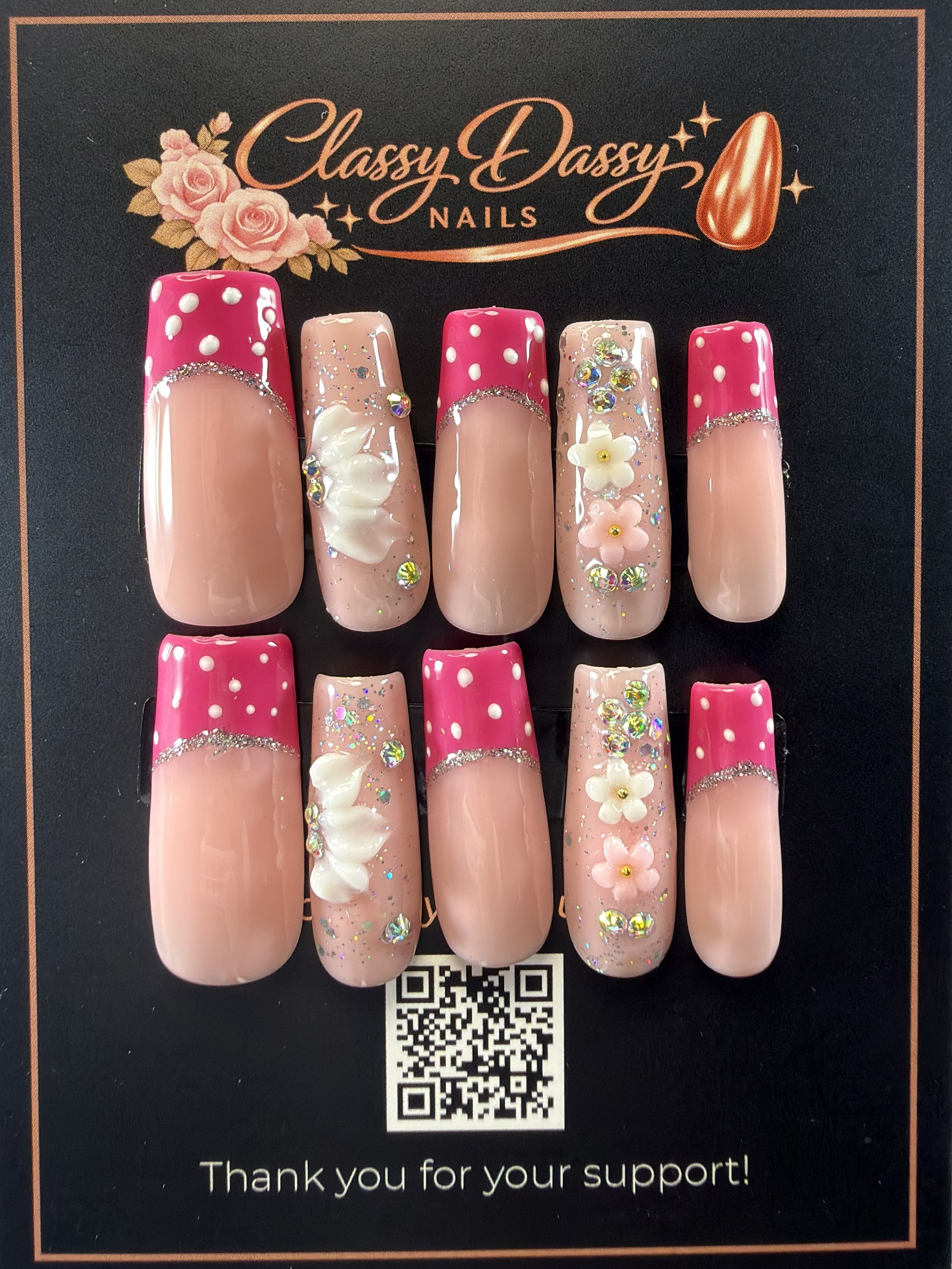 Hot Pink Polka Dot Glitter 3D Flower Butterfly Coffin Press-On Nails – Long Length