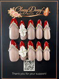 Red French Tip AB Crystal Chevron 3D White Flower Almond Press-On Nails – Long Length