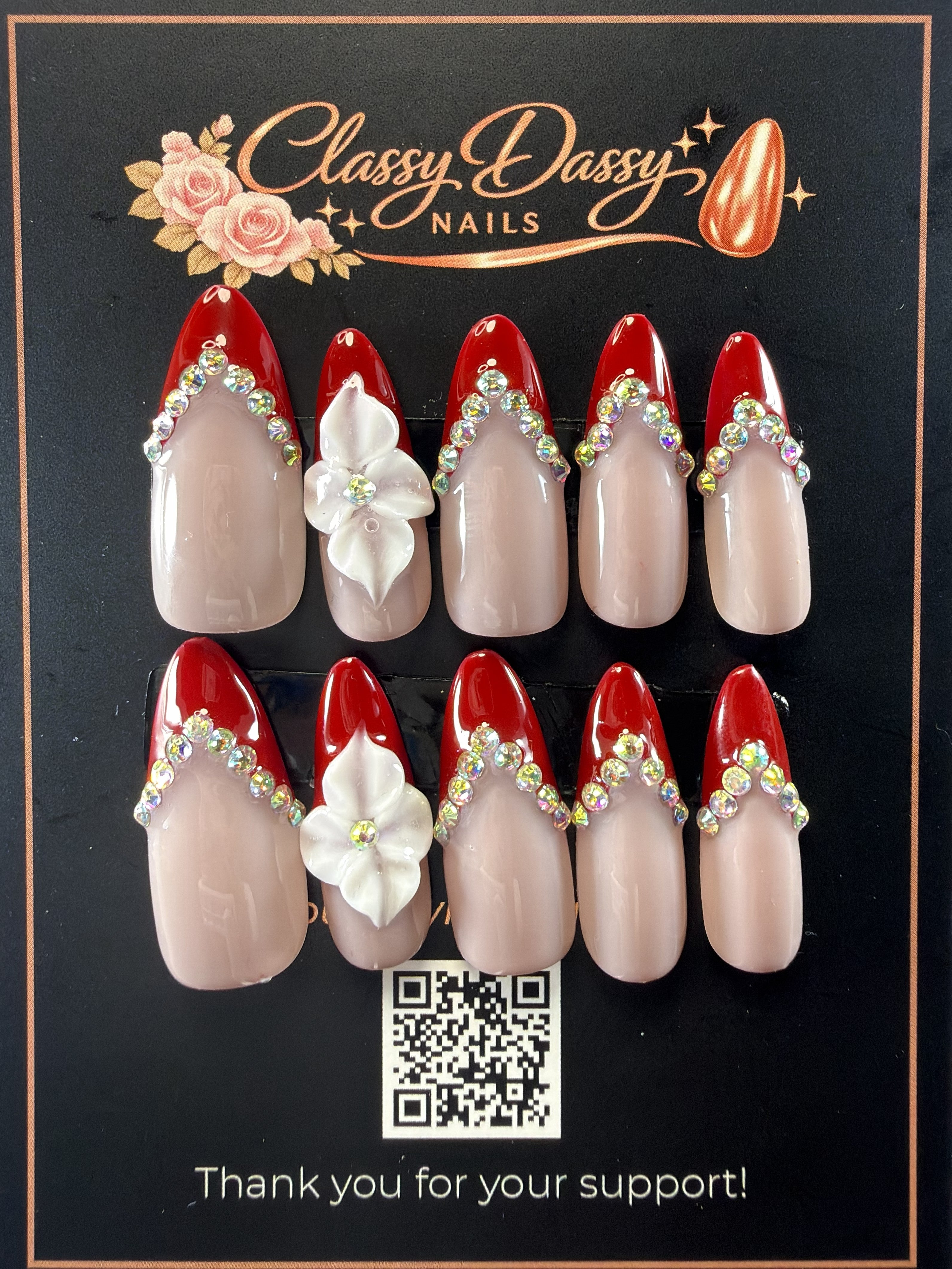 Red French Tip AB Crystal Chevron 3D White Flower Almond Press-On Nails – Long Length
