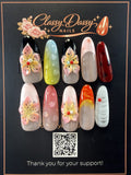 Mixed Design 3D Flower Marble Ombre Almond Press-On Nails – Long Length