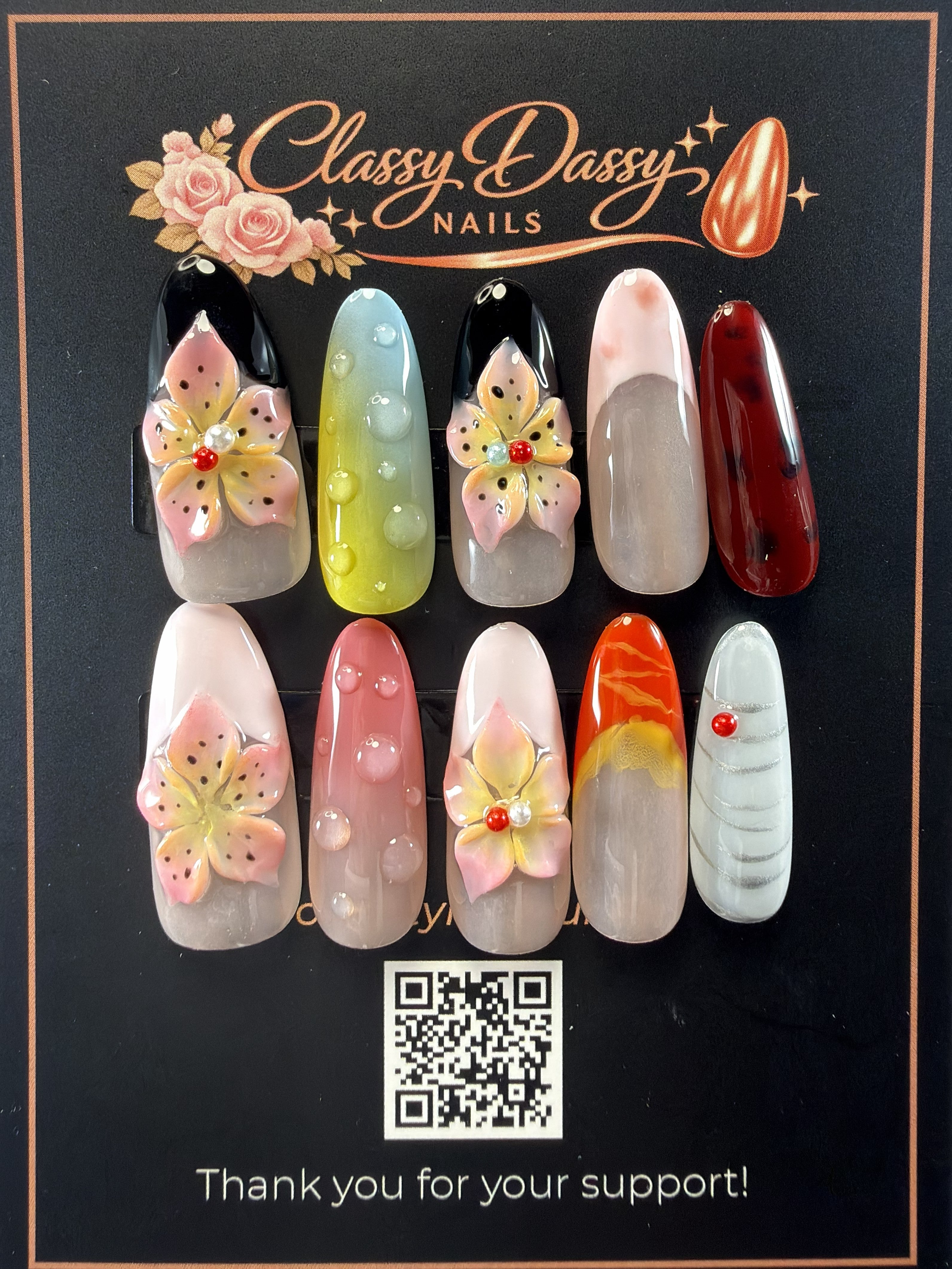 Mixed Design 3D Flower Marble Ombre Almond Press-On Nails – Long Length