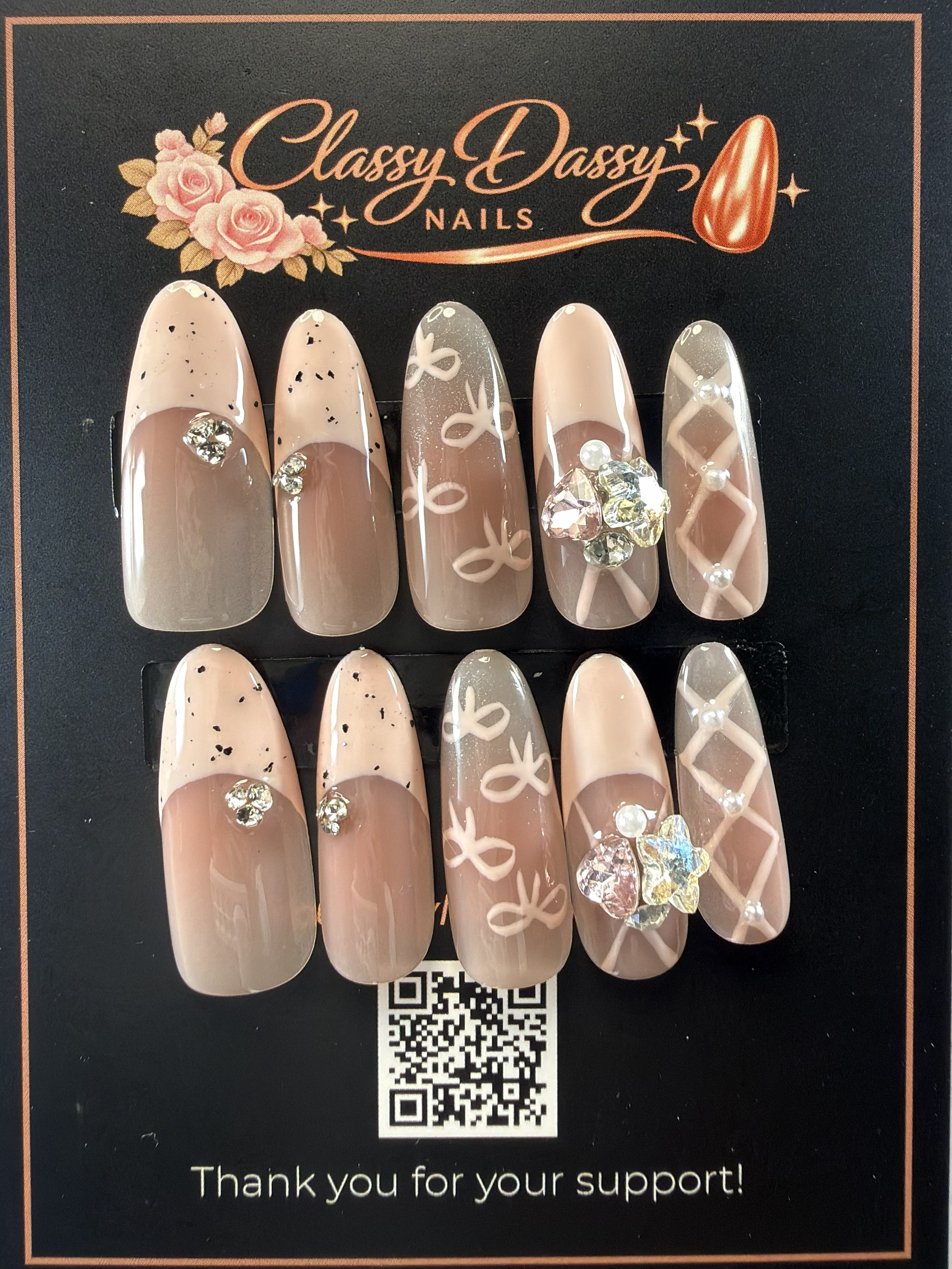 Nude Mixed Design Crystal Gem Pearl Oval Press-On Nails – Long Length