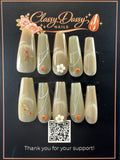 Taupe Gold Shimmer Cherry Blossom White Flower Coffin Press-On Nails – Long Length