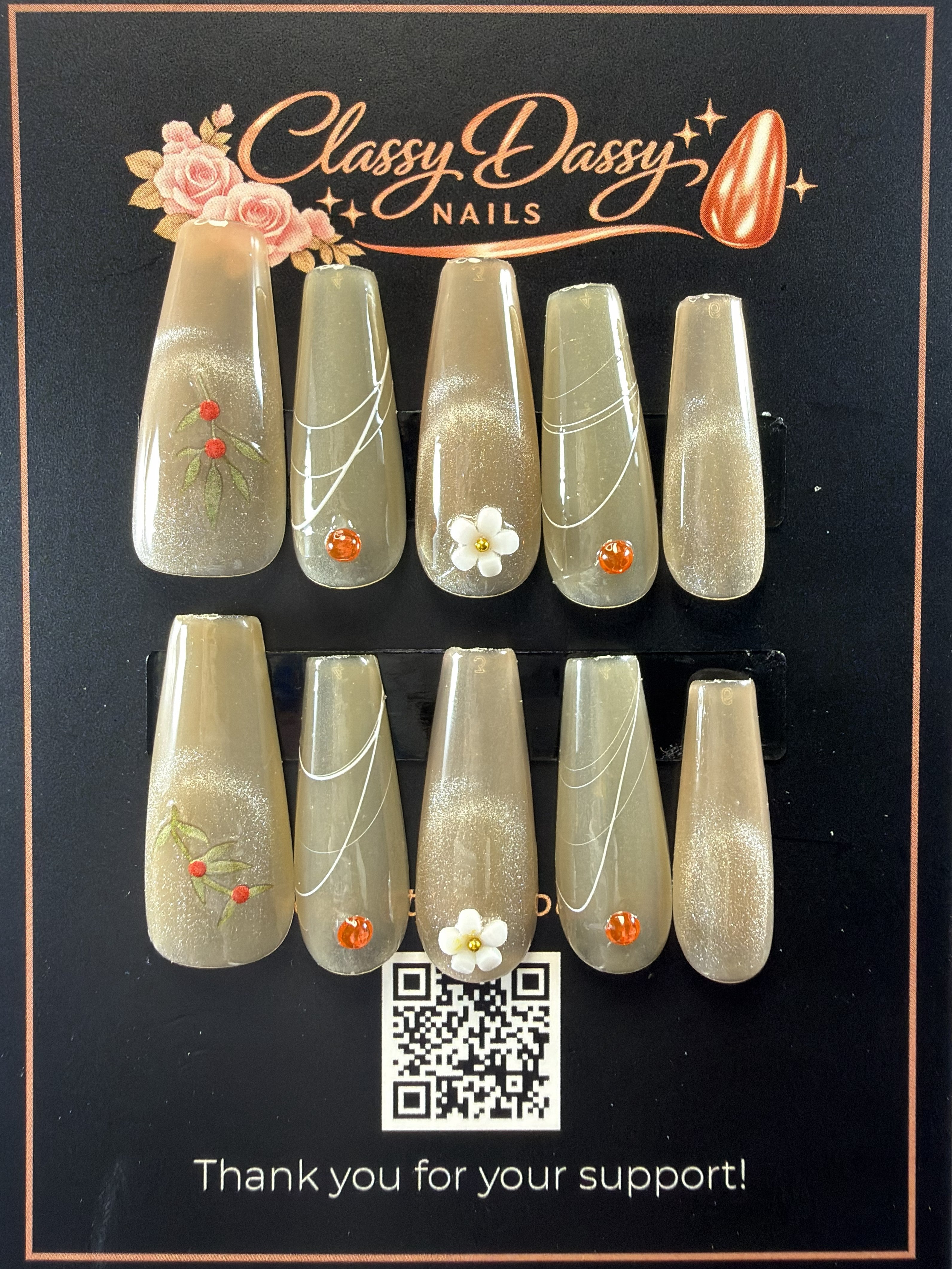 Taupe Gold Shimmer Cherry Blossom White Flower Coffin Press-On Nails – Long Length