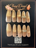 Mocha Gold Shimmer Crystal Ring Charm Oval Press-On Nails – Long Length