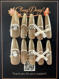Champagne Gold Glitter Crystal Bow Ribbon Charm Almond Press-On Nails – Long Length