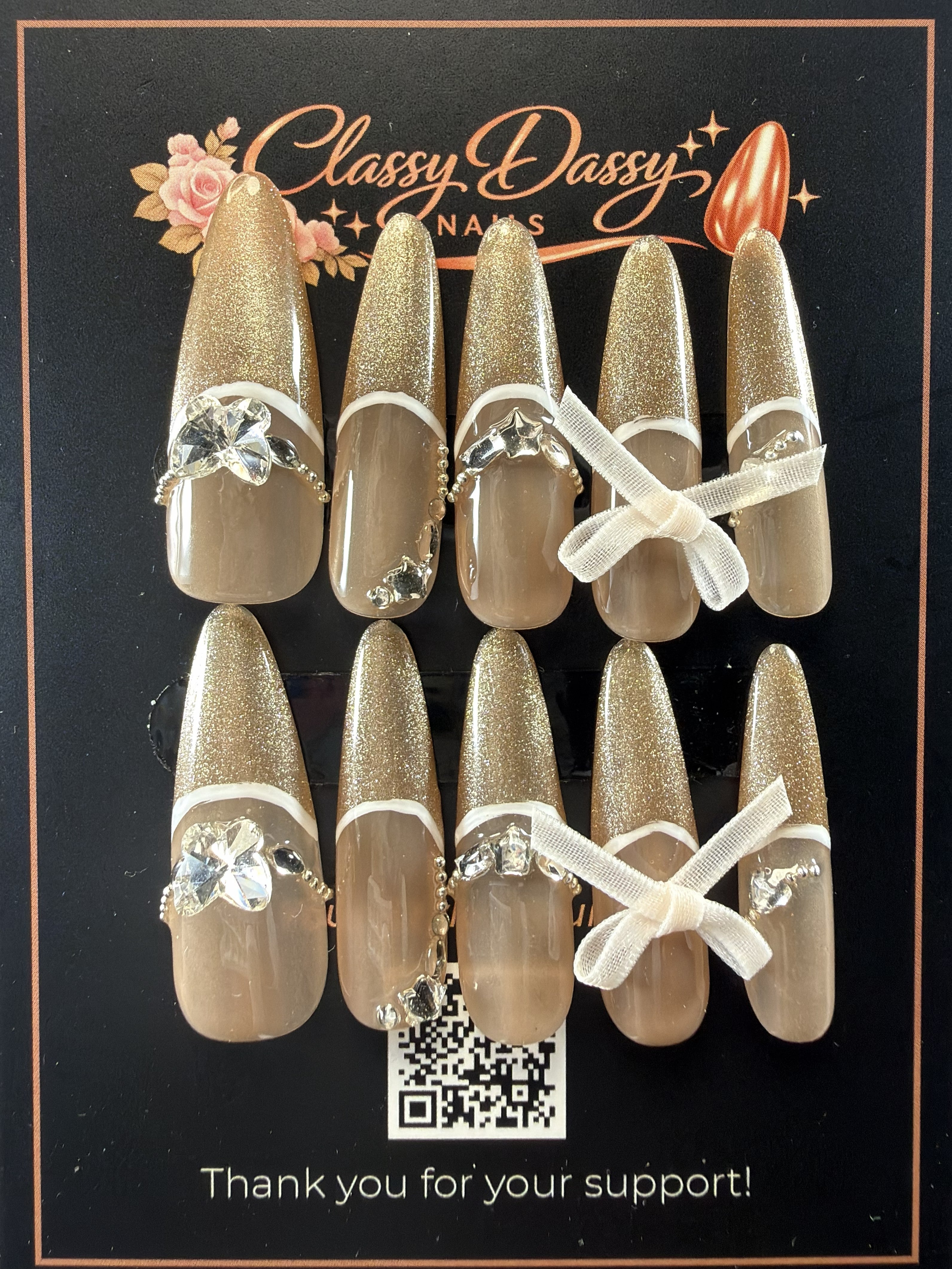 Champagne Gold Glitter Crystal Bow Ribbon Charm Almond Press-On Nails – Long Length