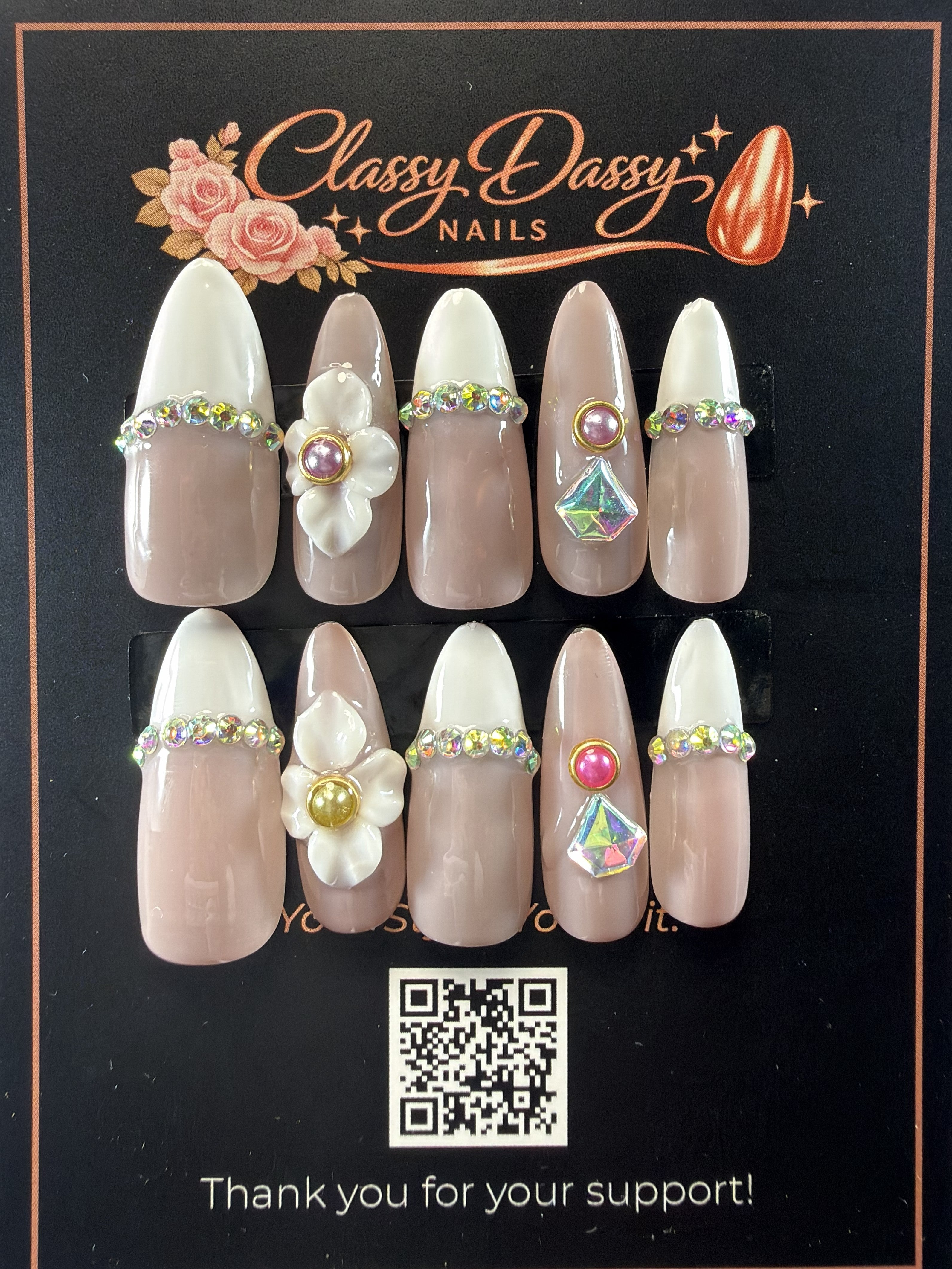 Blush French Tip AB Crystal Band 3D Flower Diamond Gem Almond Press-On Nails – Long Length