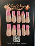 Pink French Tip Gold Glitter Rose Gold Swirl Coffin Press-On Nails – Long Length