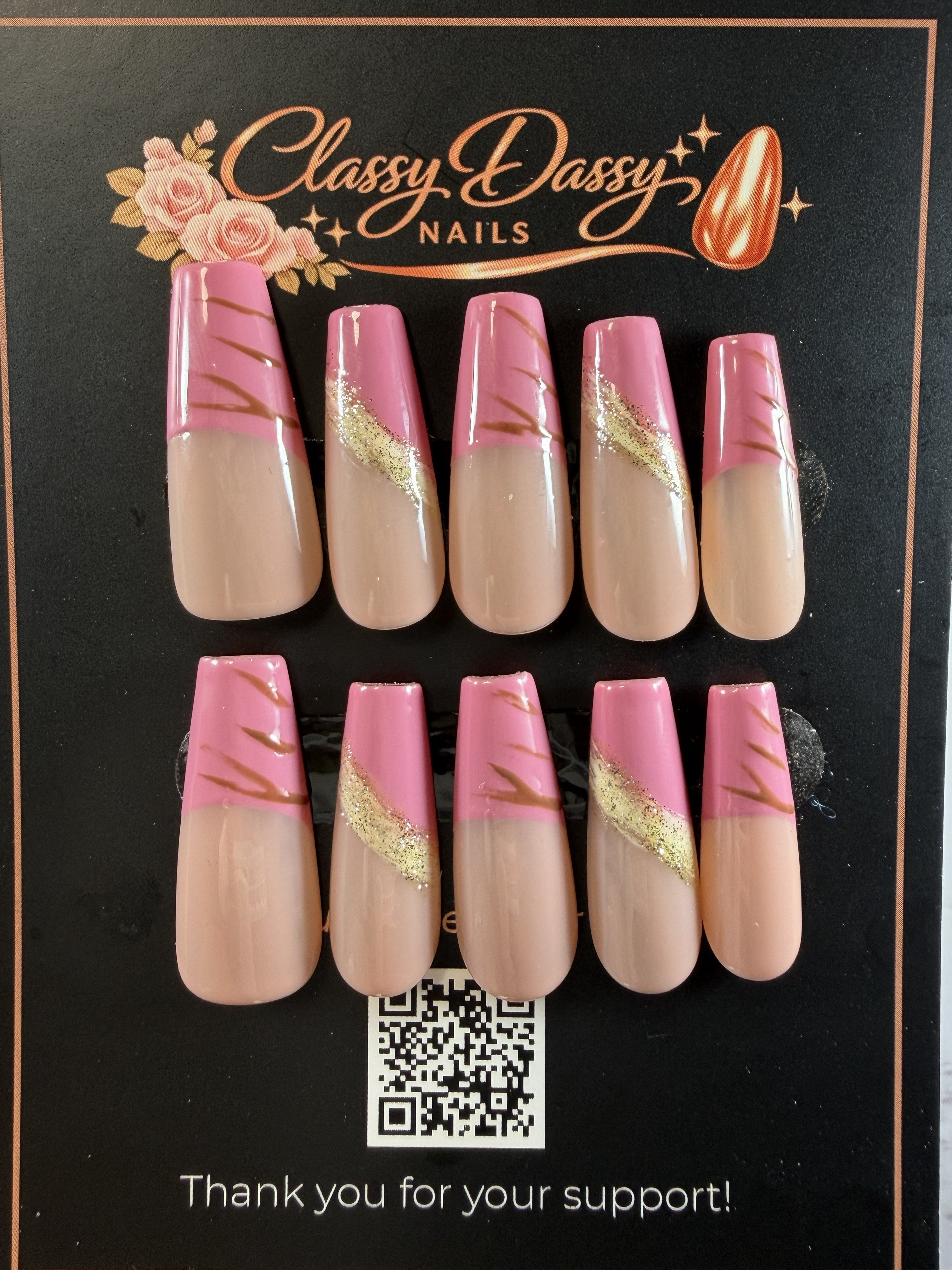 Pink French Tip Gold Glitter Rose Gold Swirl Coffin Press-On Nails – Long Length