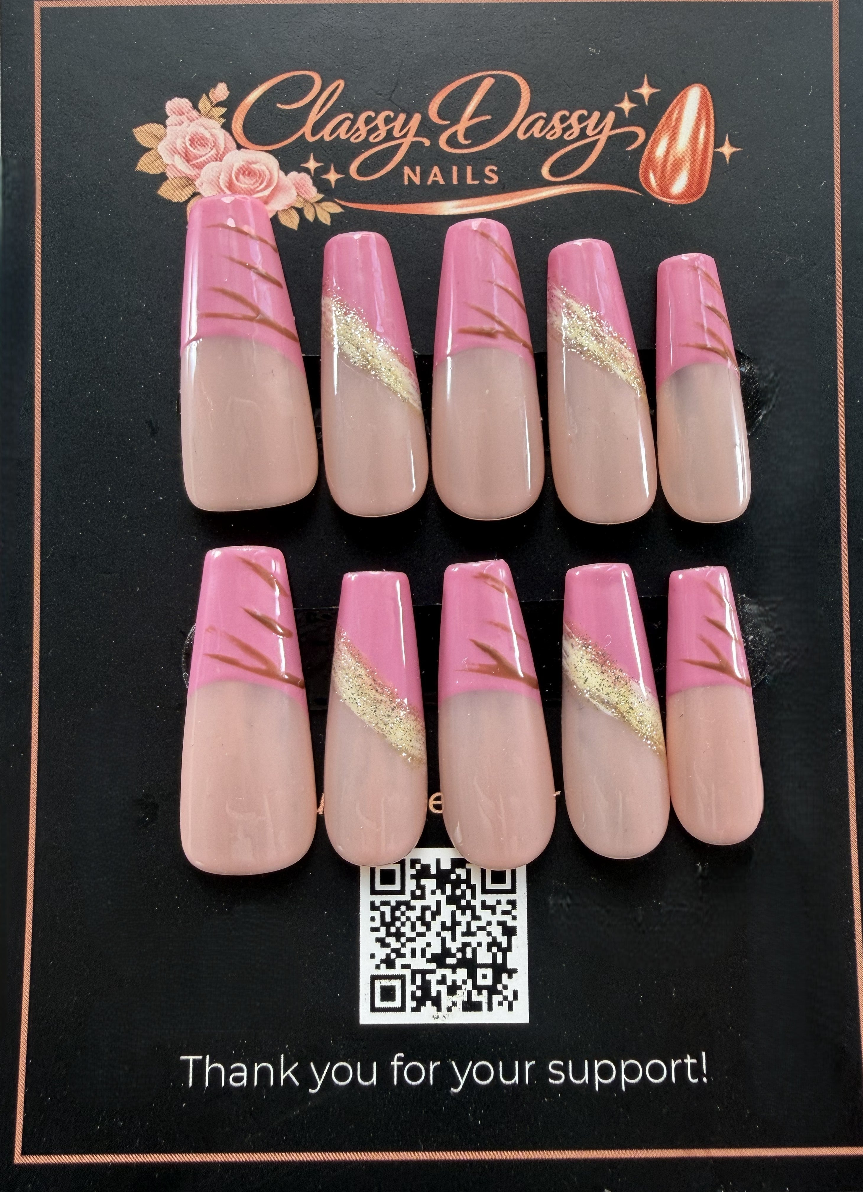 Pink Marble Gold Glitter Coffin Press-On Nails – Long Length