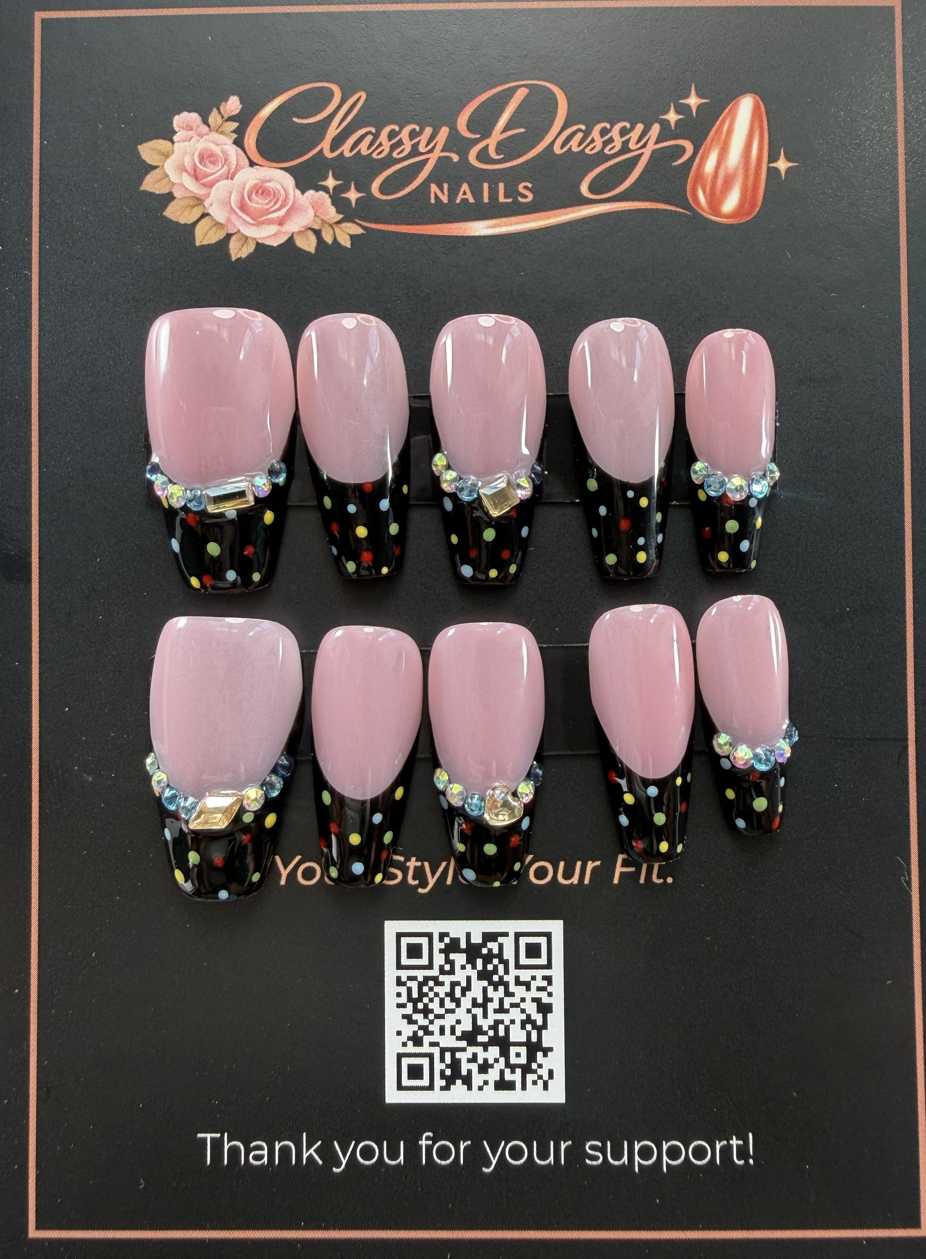 Polka Dot Black French Rhinestone Coffin Press-On Nails – Medium Length