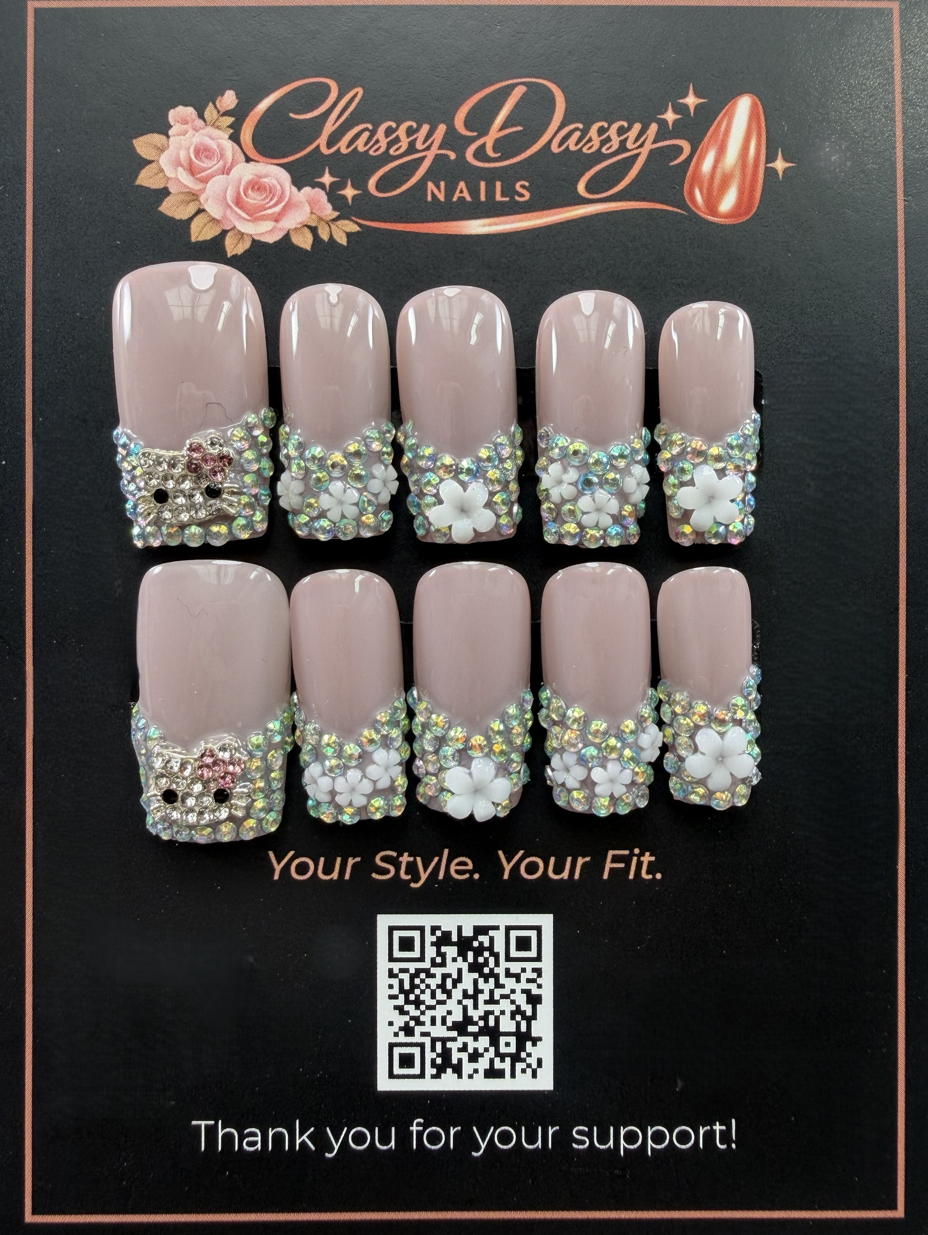 Hello Kitty Rhinestone Flower Square Press-On Nails – Medium Length