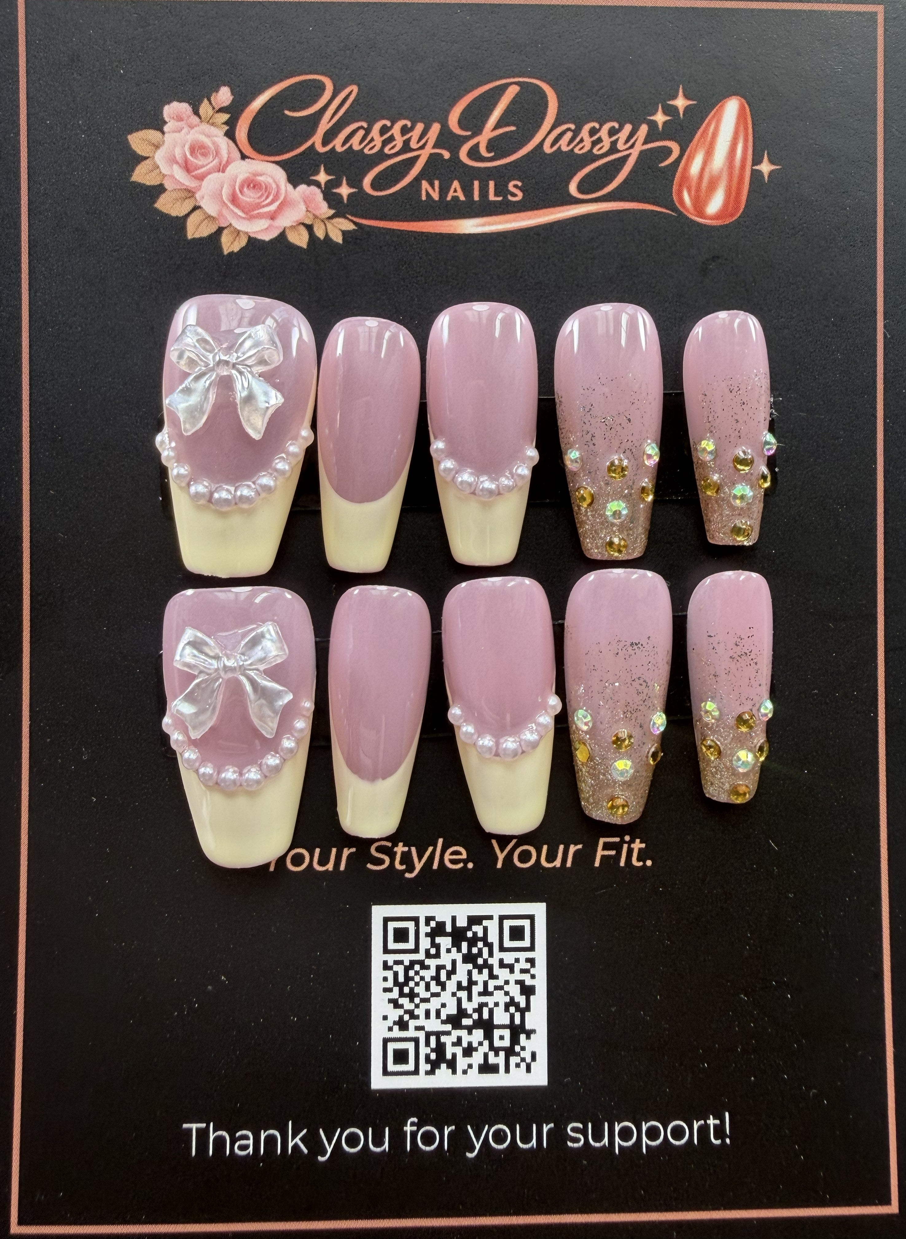Pearl Bow Yellow French Coffin Press-On Nails – Medium Length