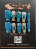 Ocean Blue Silver Rose Coffin Press-On Nails – Medium Length