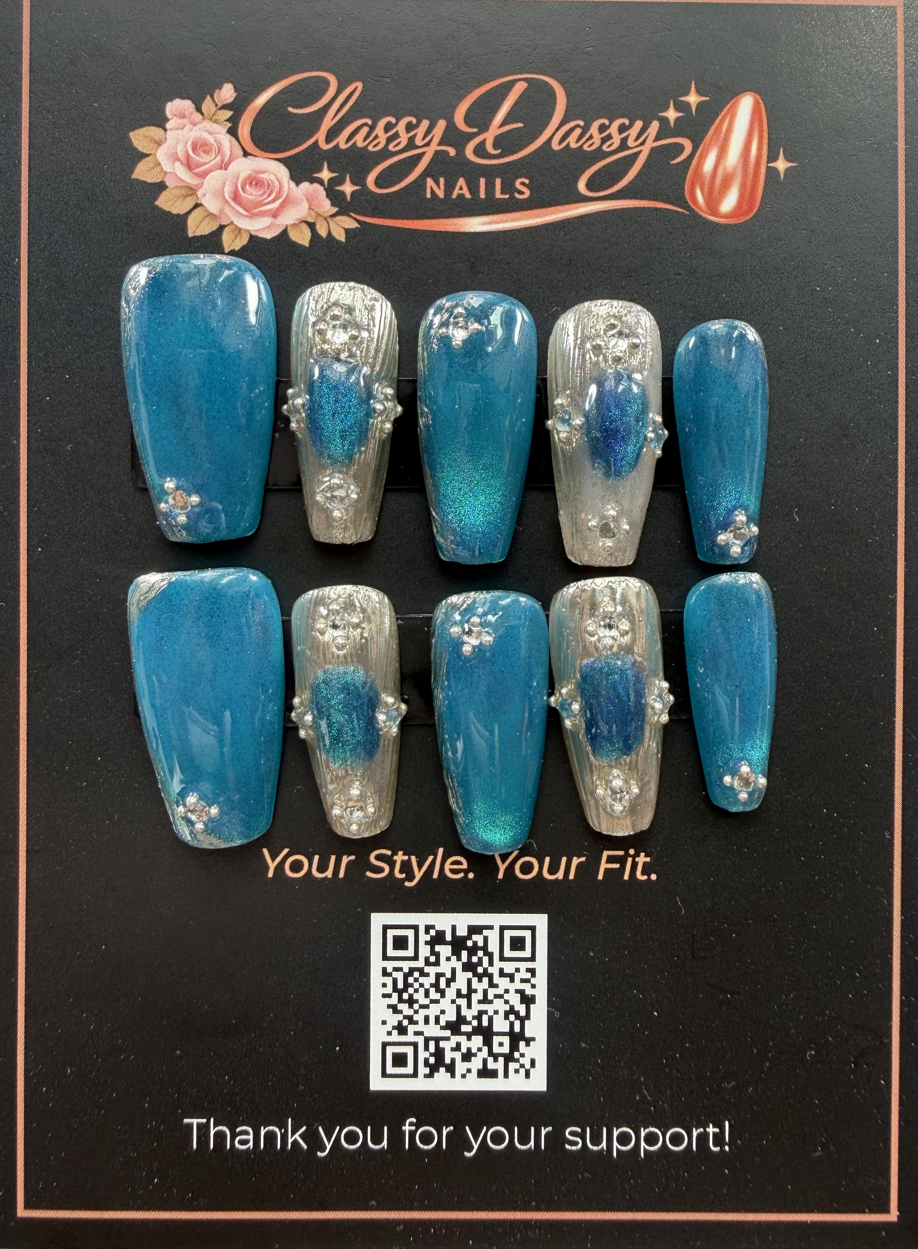Ocean Blue Silver Rose Coffin Press-On Nails – Medium Length