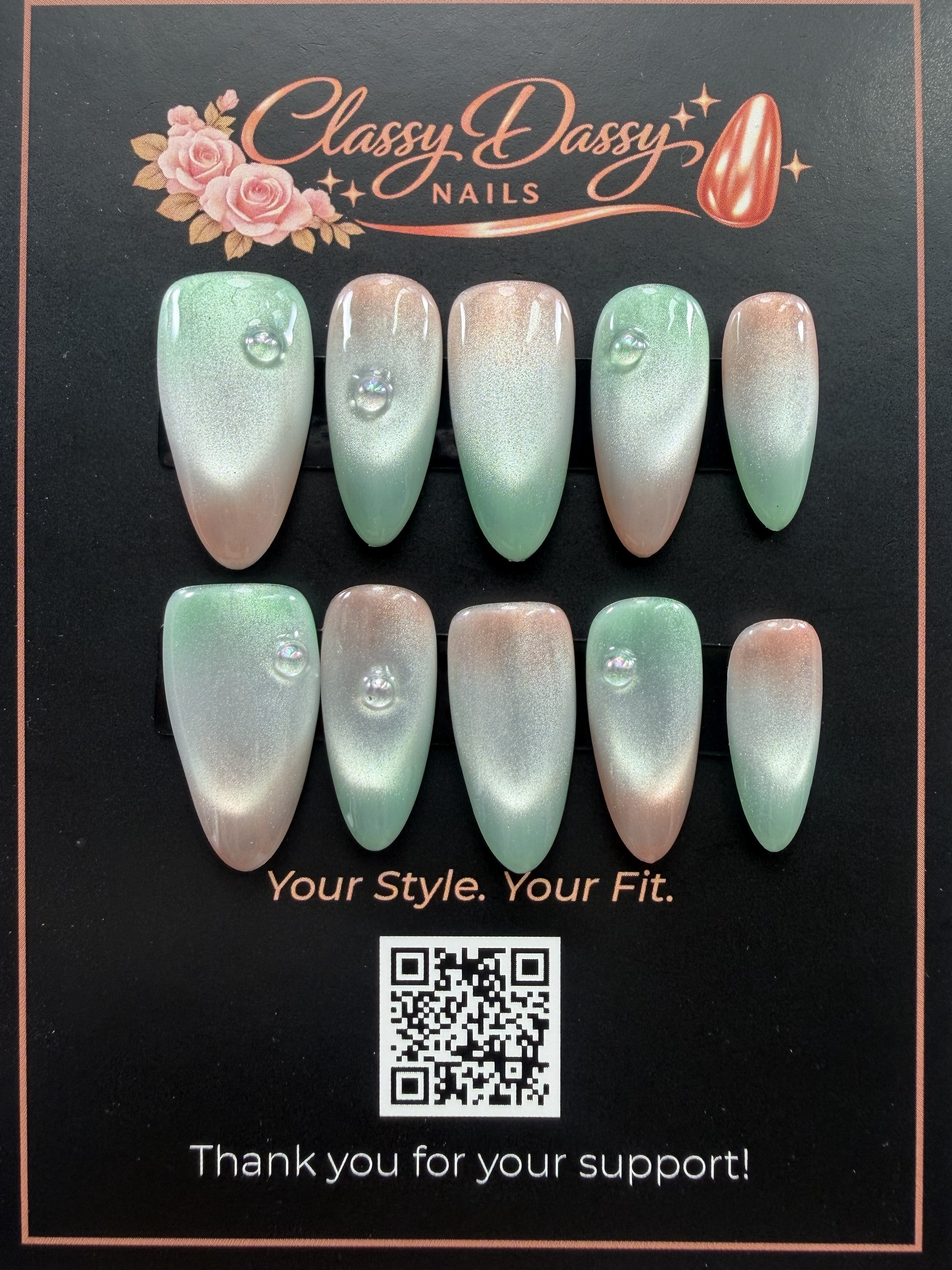 Mint Cat Eye Dewdrop Almond Press-On Nails – Medium Length
