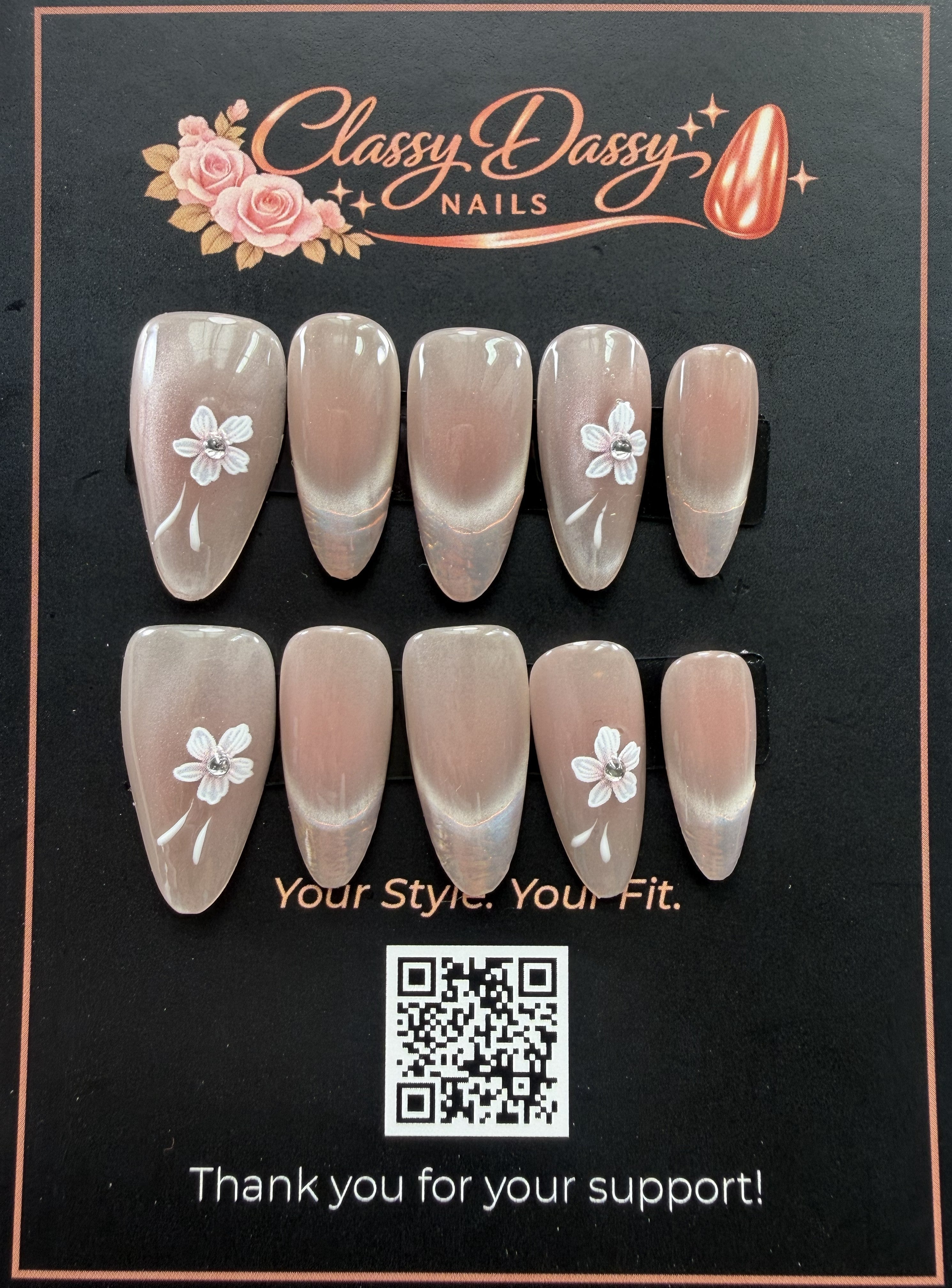 Nude Aurora White Flower Almond Press-On Nails – Medium Length