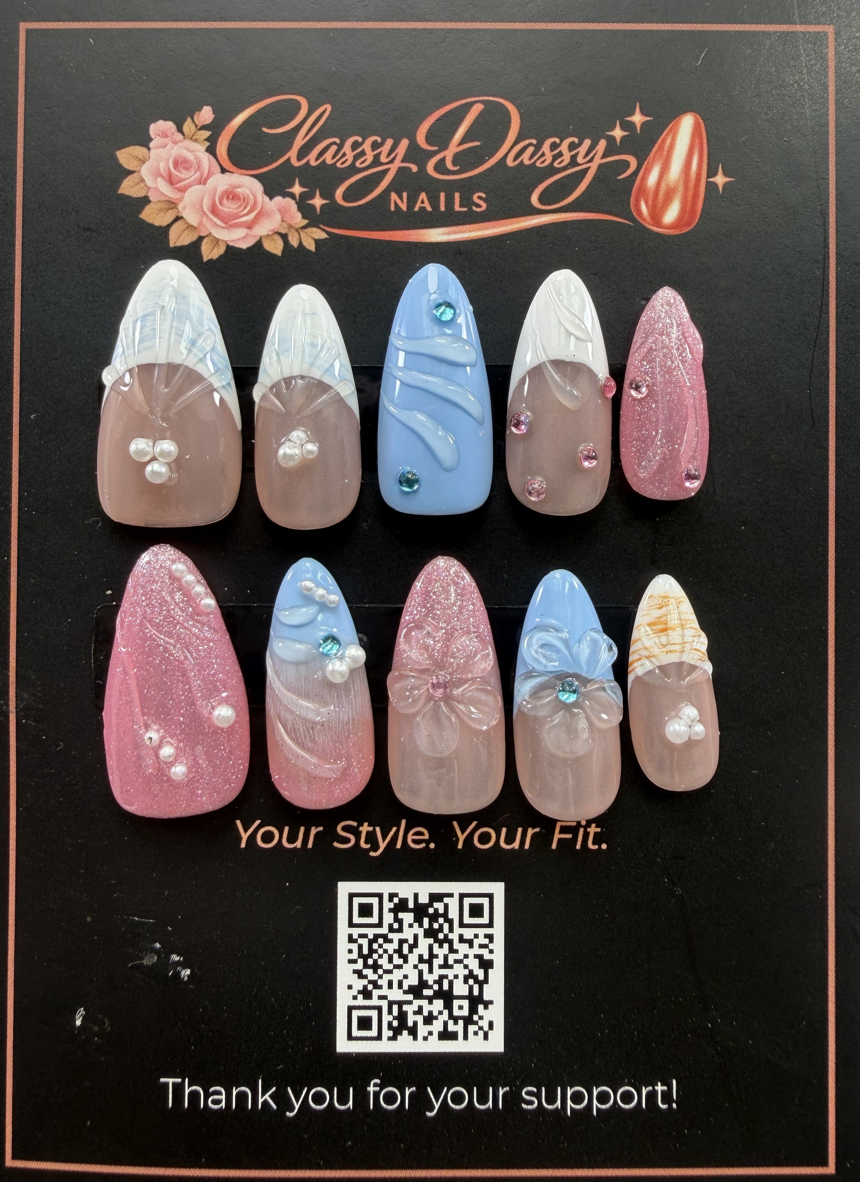 Blue Bow Pastel Mix Almond Press-On Nails – Medium Length