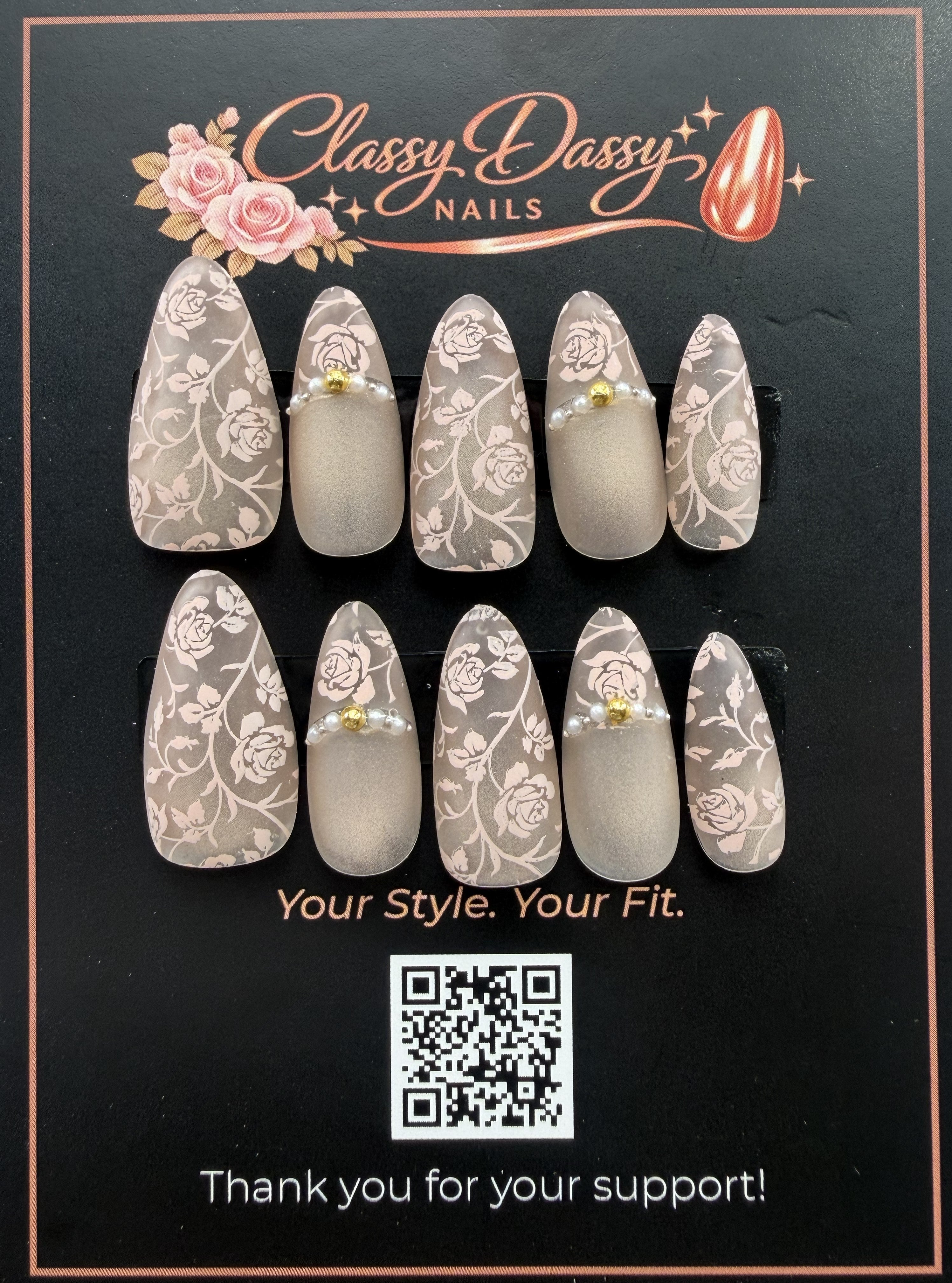 Frosted Rose Lace Almond Press-On Nails – Medium Length