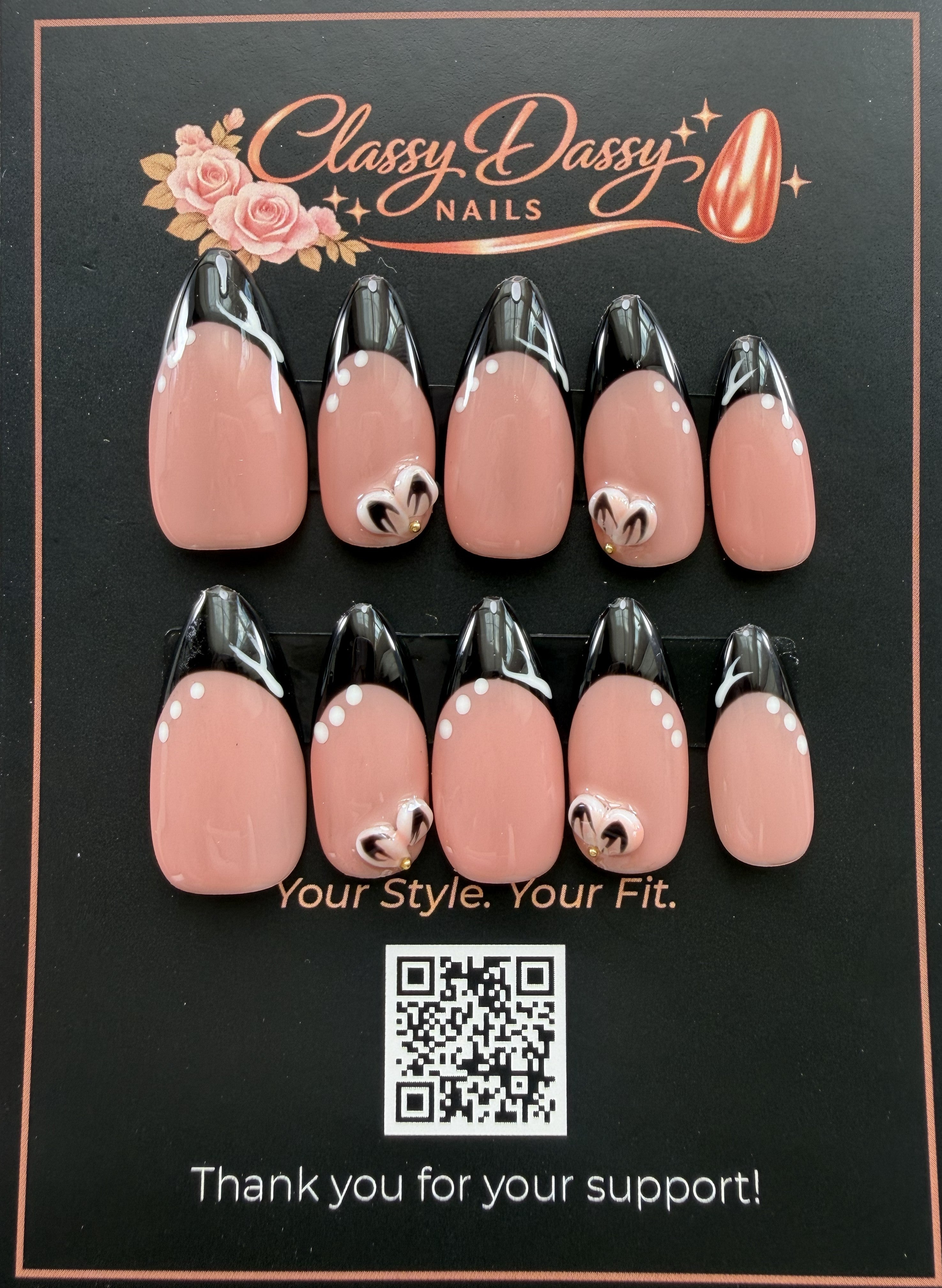 Black French Heart Almond Press-On Nails – Medium Length