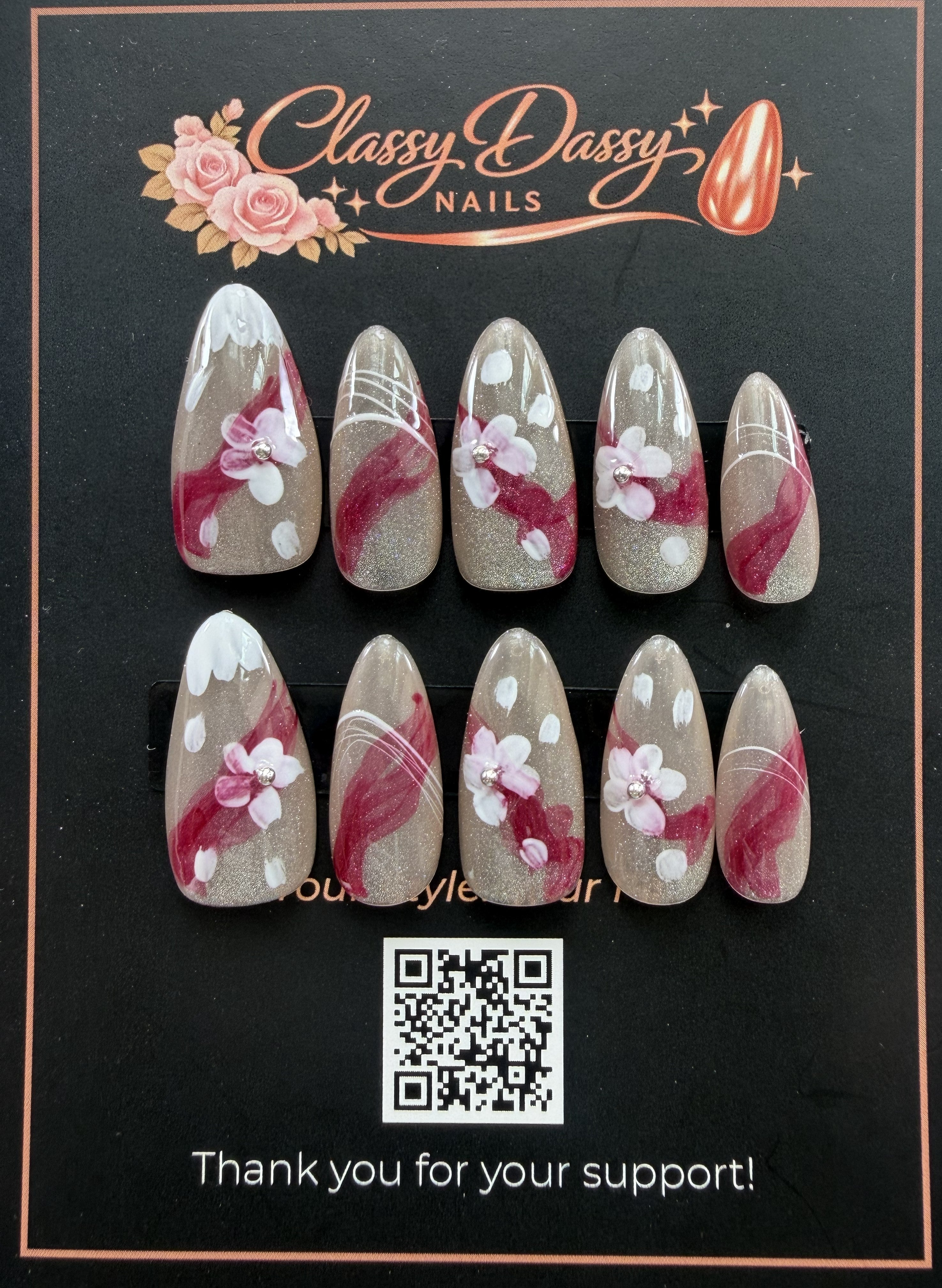 Cherry Blossom Glitter Almond Press-On Nails – Medium Length