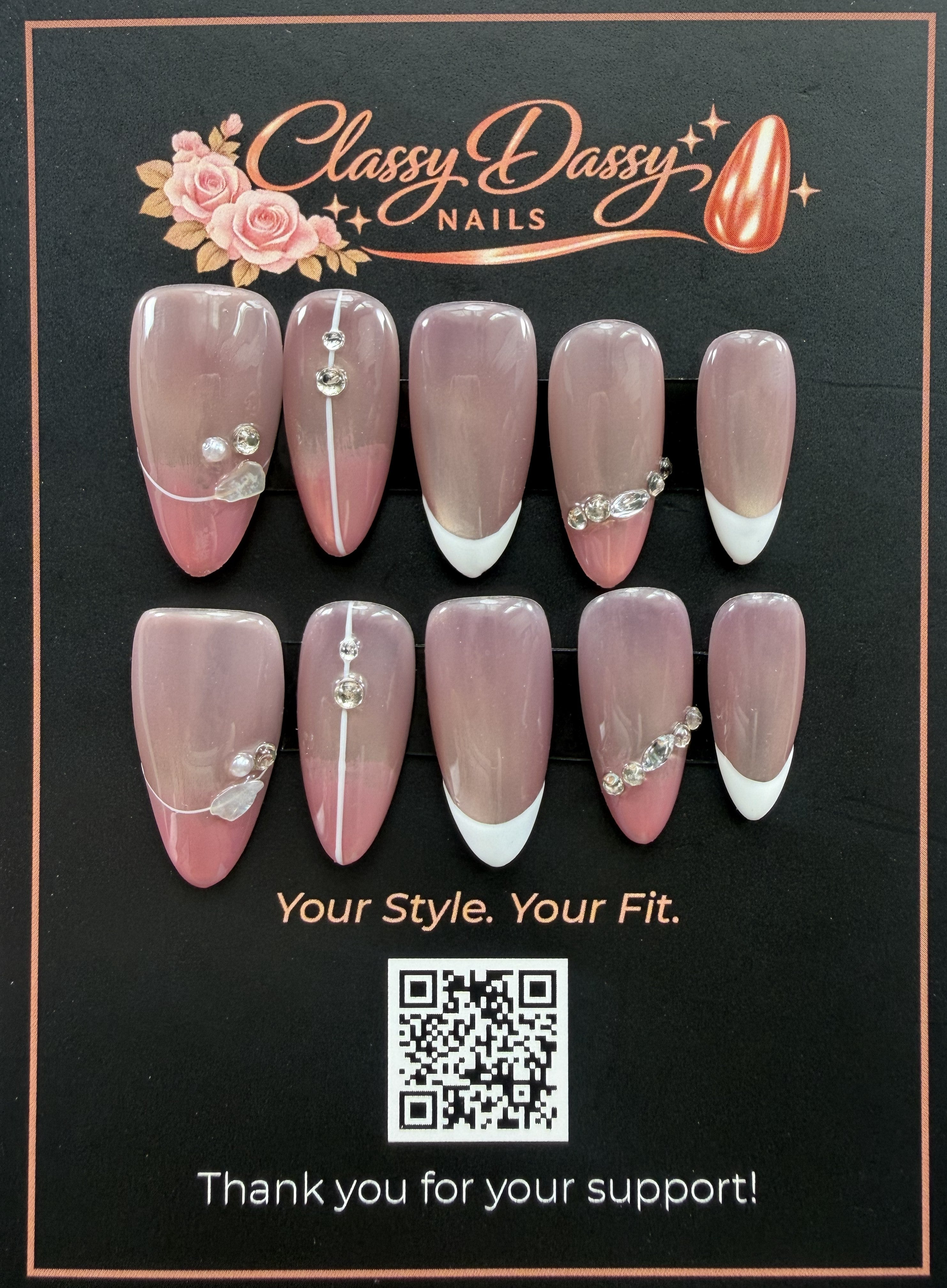 Mauve French Rhinestone Chain Almond Press-On Nails – Medium Length