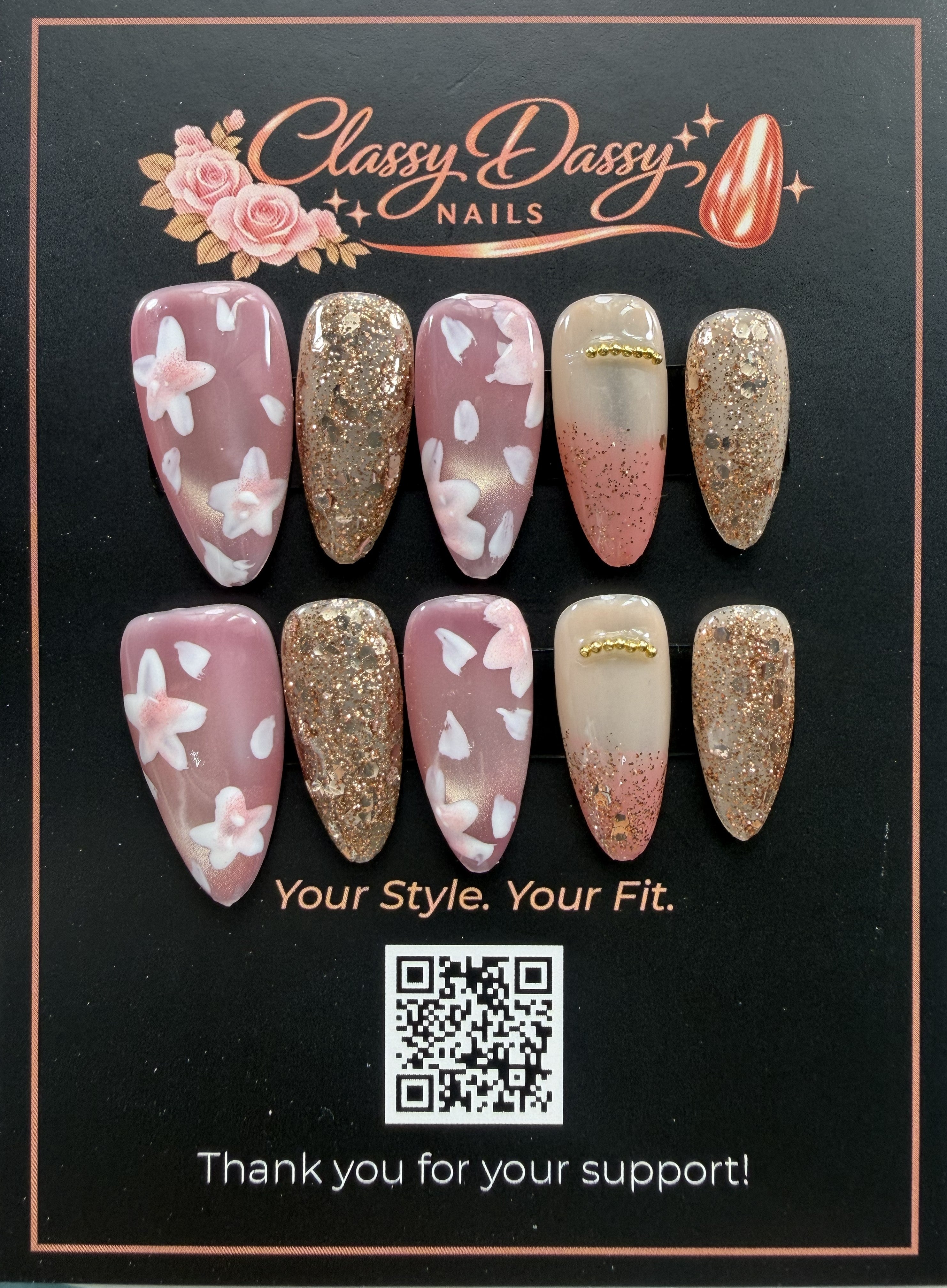 Pink Butterfly Gold Glitter Almond Press-On Nails – Medium Length