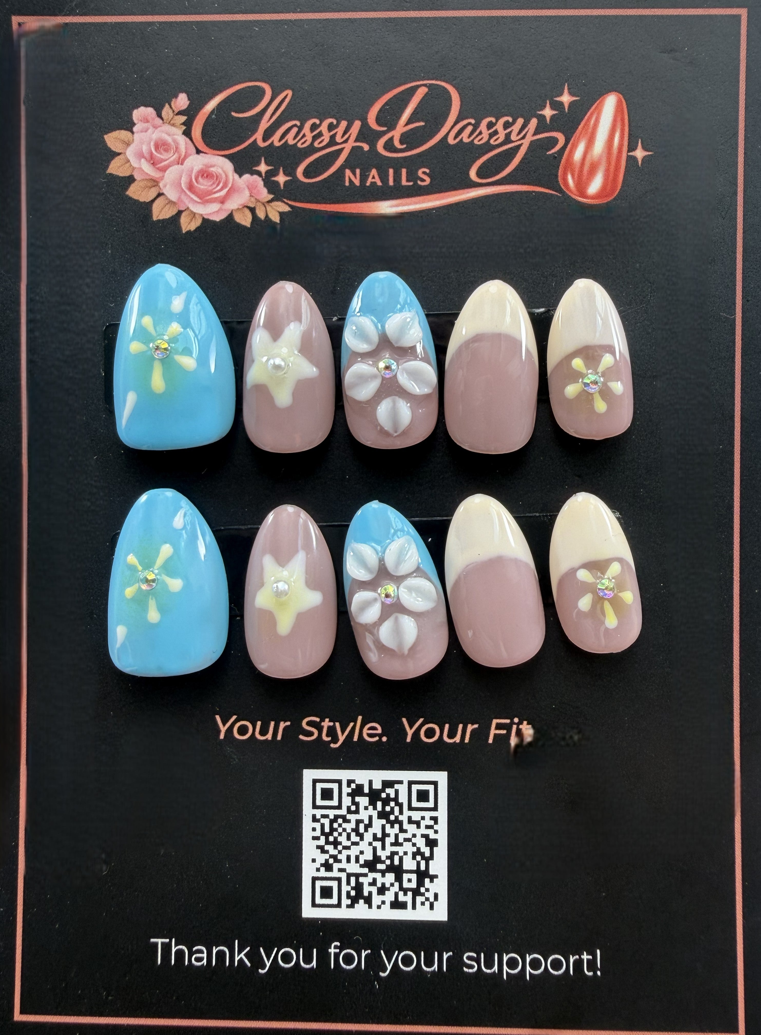 Blue Mauve Star Flower Oval Press-On Nails – Short Length