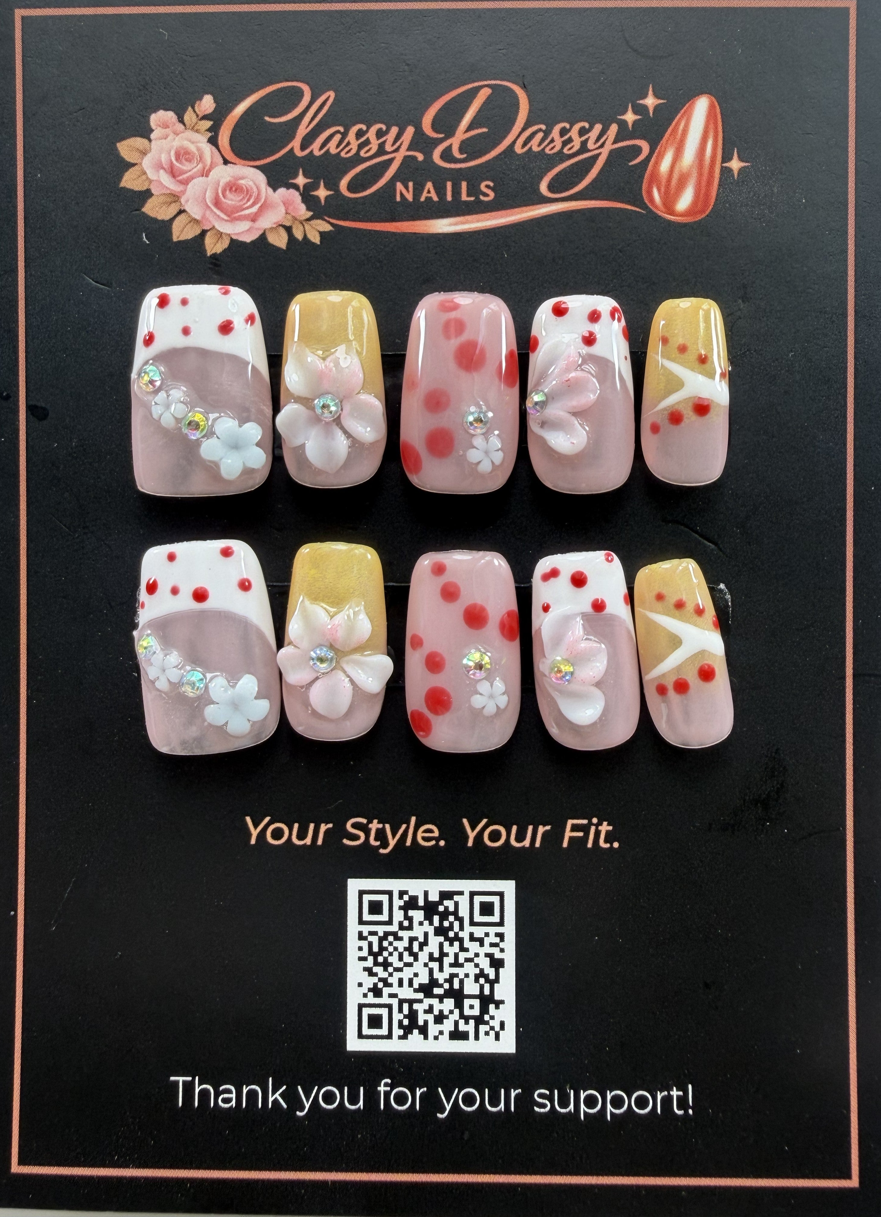 Red Dot Floral Square Press-On Nails – Short Length