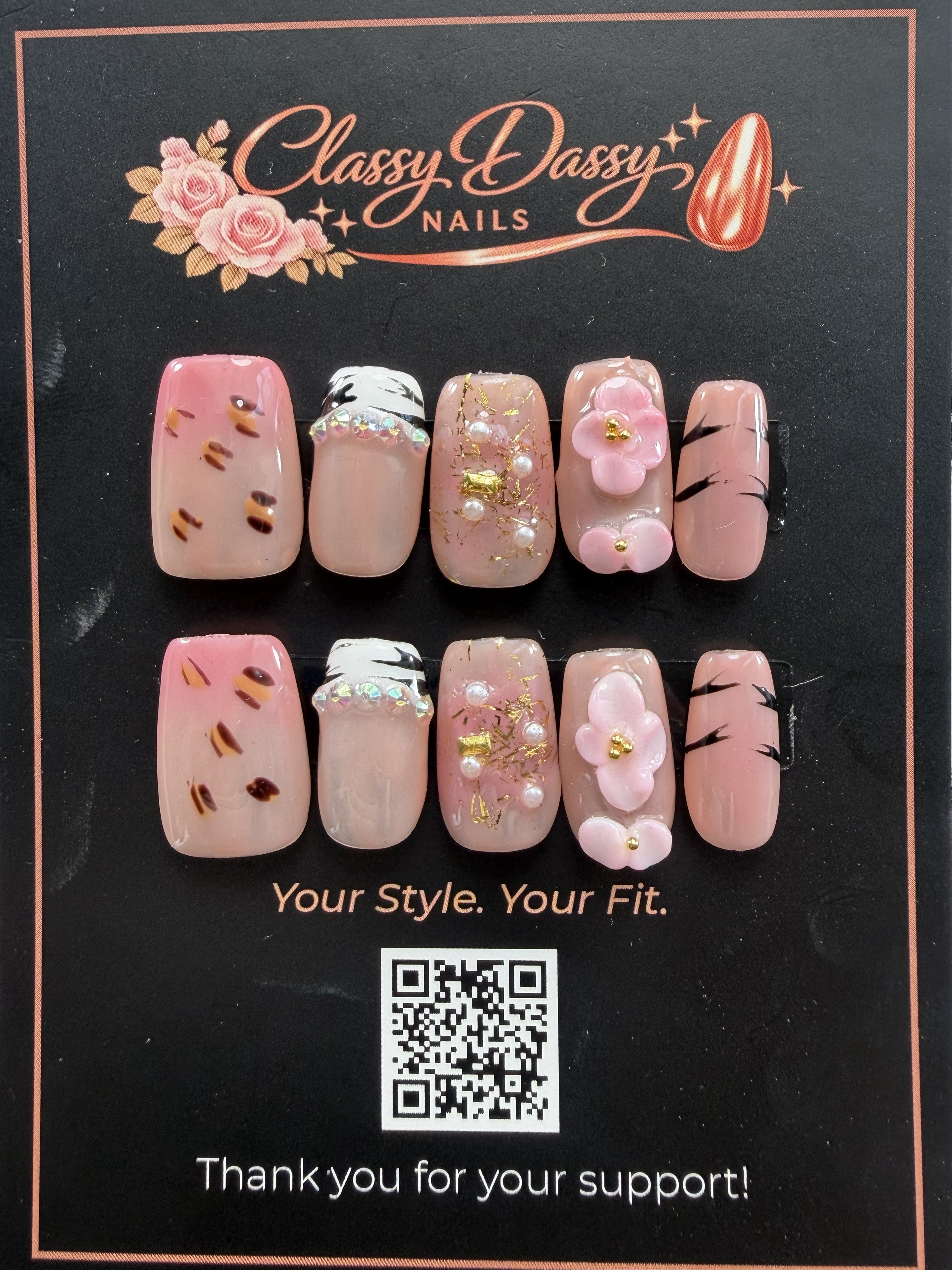 Pink Leopard Pearl Flower Square Press-On Nails – Short Length