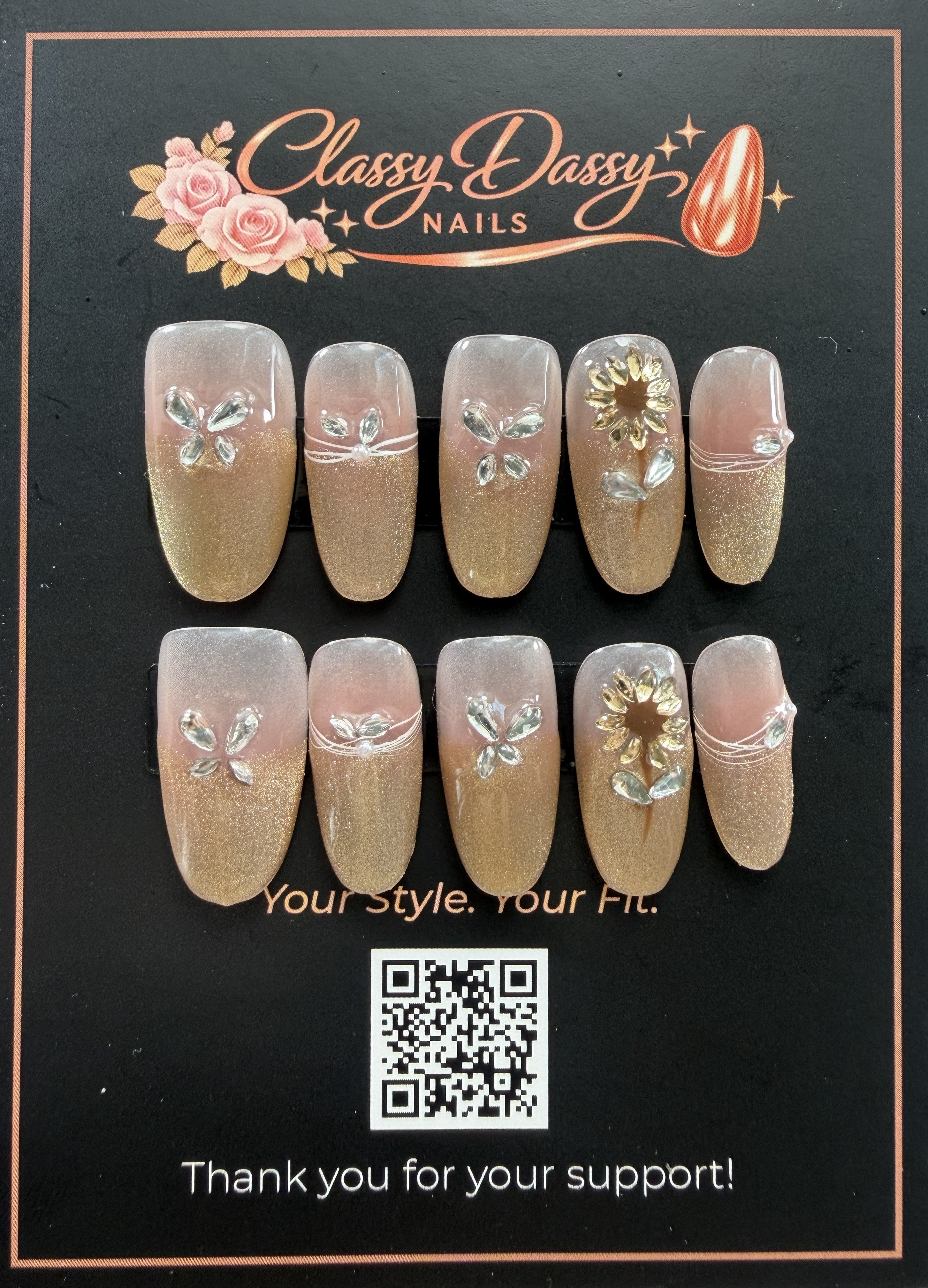 Gold Glitter Butterfly Sunflower Oval Press-On Nails – Medium Length