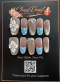 Blue Polka Dot Floral Oval Press-On Nails – Medium Length