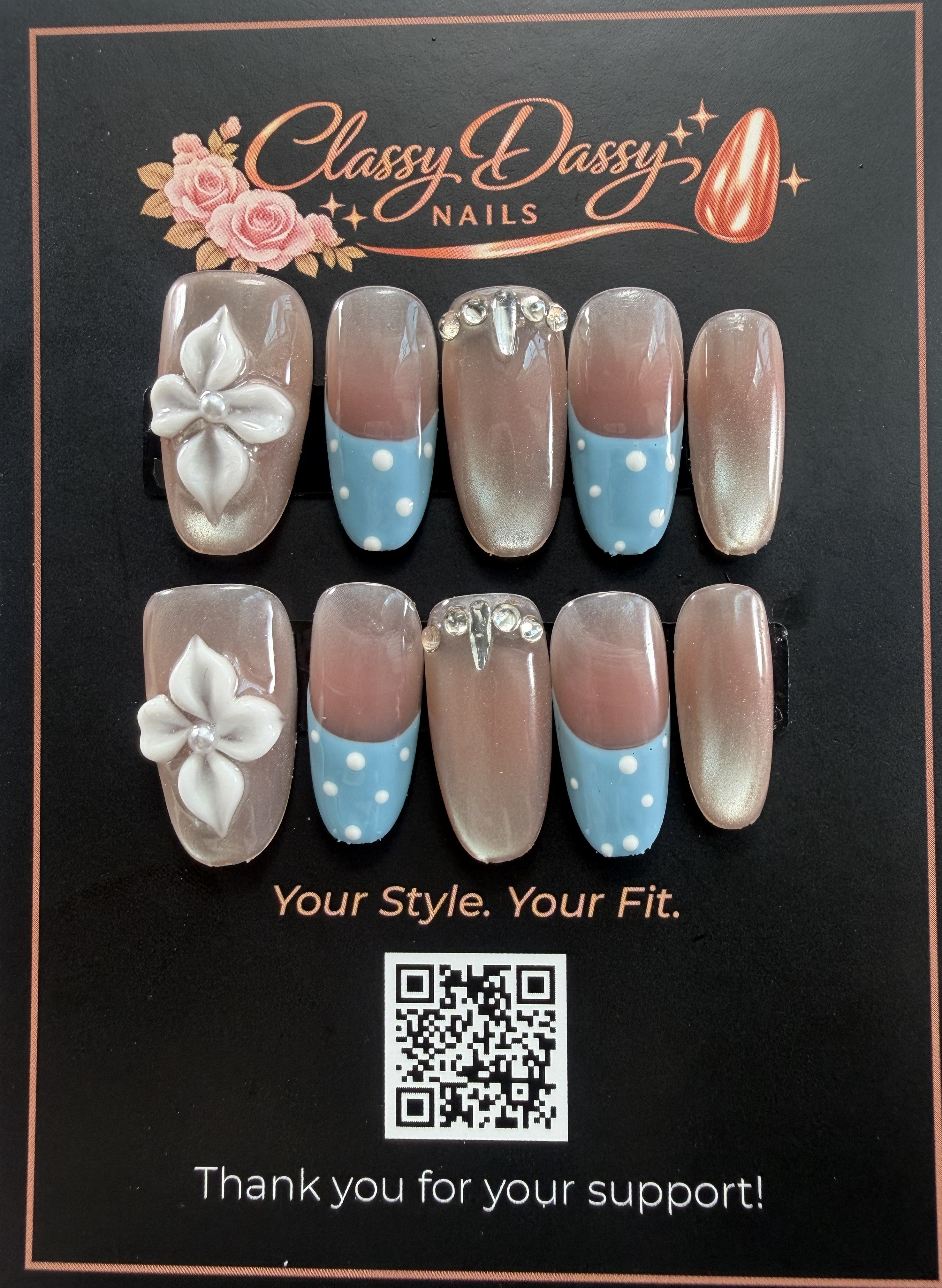 Blue Polka Dot Floral Oval Press-On Nails – Medium Length